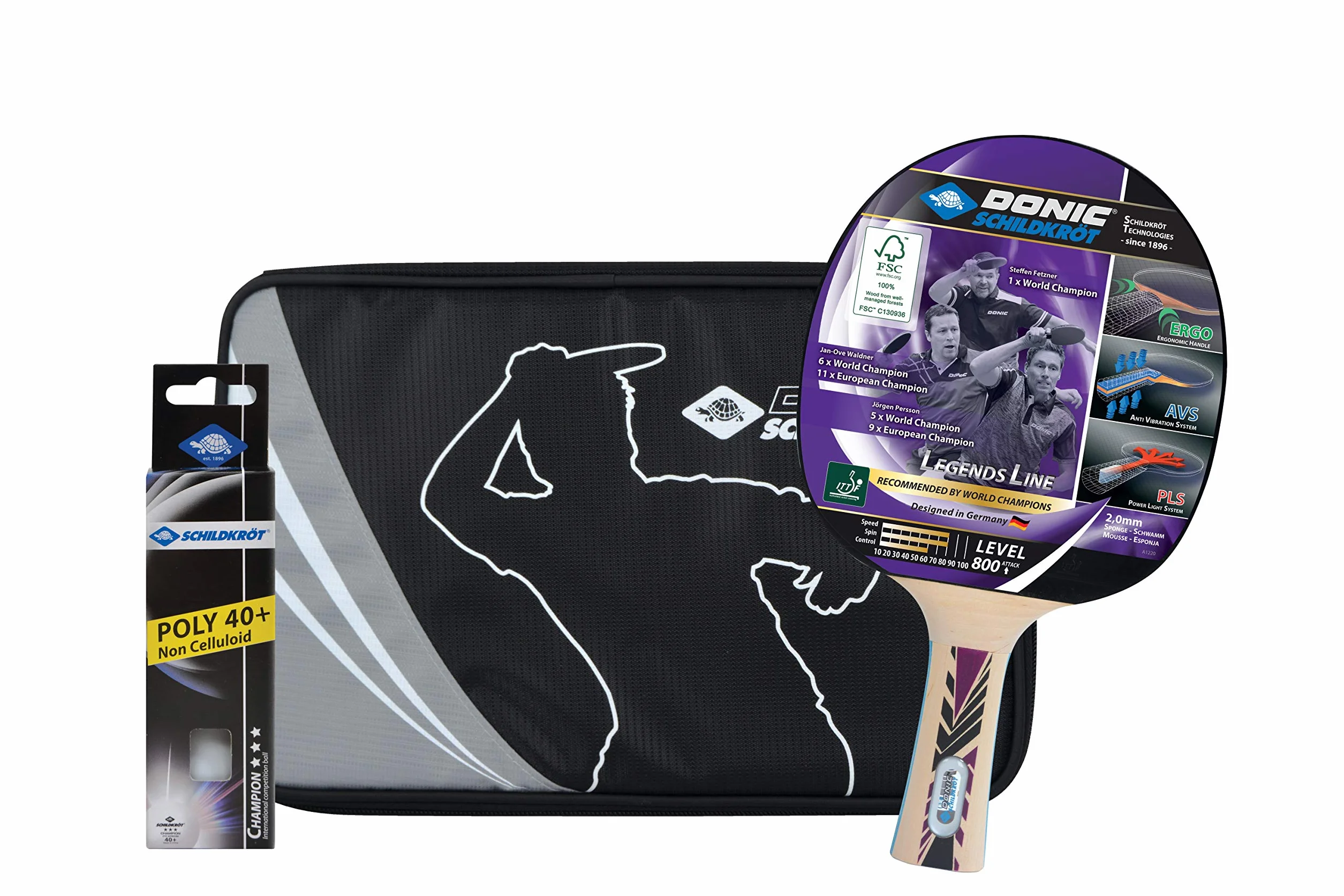 Donic-Schildkröt Set de Tenis de Mesa Legends 800 FSC | Raqueta Profesional con Tecnología AVS/PLS | Goma Aprobada por ITTF | Incluye Funda y 3 Pelotas 3 Estrellas | Ideal para Jugadores Avanzados