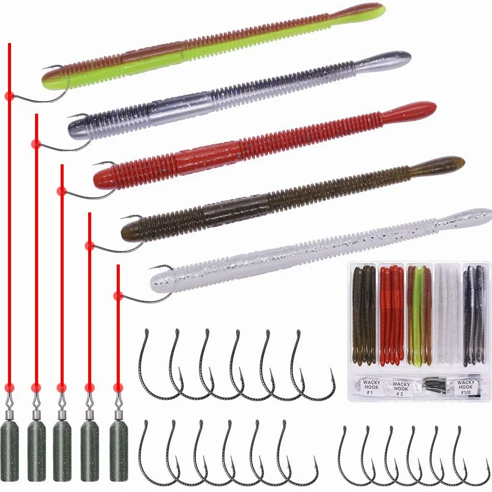Gusanos de pesca de plástico suave, gusanos de goma de 4 pulgadas, gusanos locos, cebos de cola recta, kit de 49 piezas con 25 cuerpos, 18 ganchos, 6 pesos