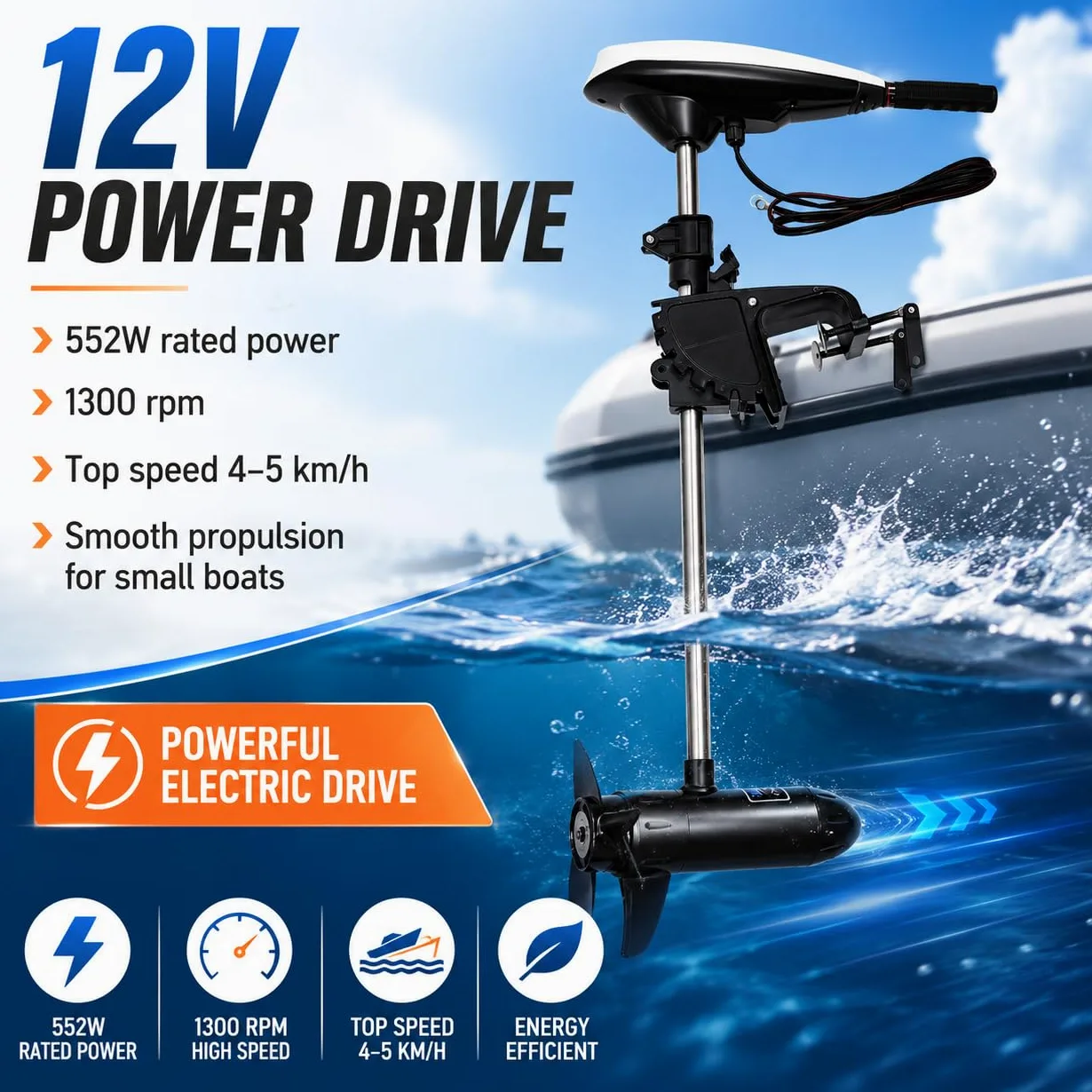 Motor eléctrico para barco de 12 V, 552 W, 19,84 libras, 1300 rpm, con mango retráctil, motor eléctrico para botes hinchables, fueraborda eléctrica, para barcos, kayaks, canoas, botes