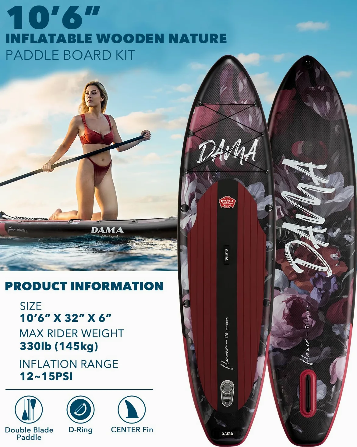DAMA Dark Flower Tabla de Paddle Surf Hinchable, Sup Paddle Board Inflable 320 x 81 x 15 cm, Antideslizante, hasta 145 kg, Remo Doble, Bomba, Mochila, Correa de Seguridad, Bolsa Estanca y Funda Móvil