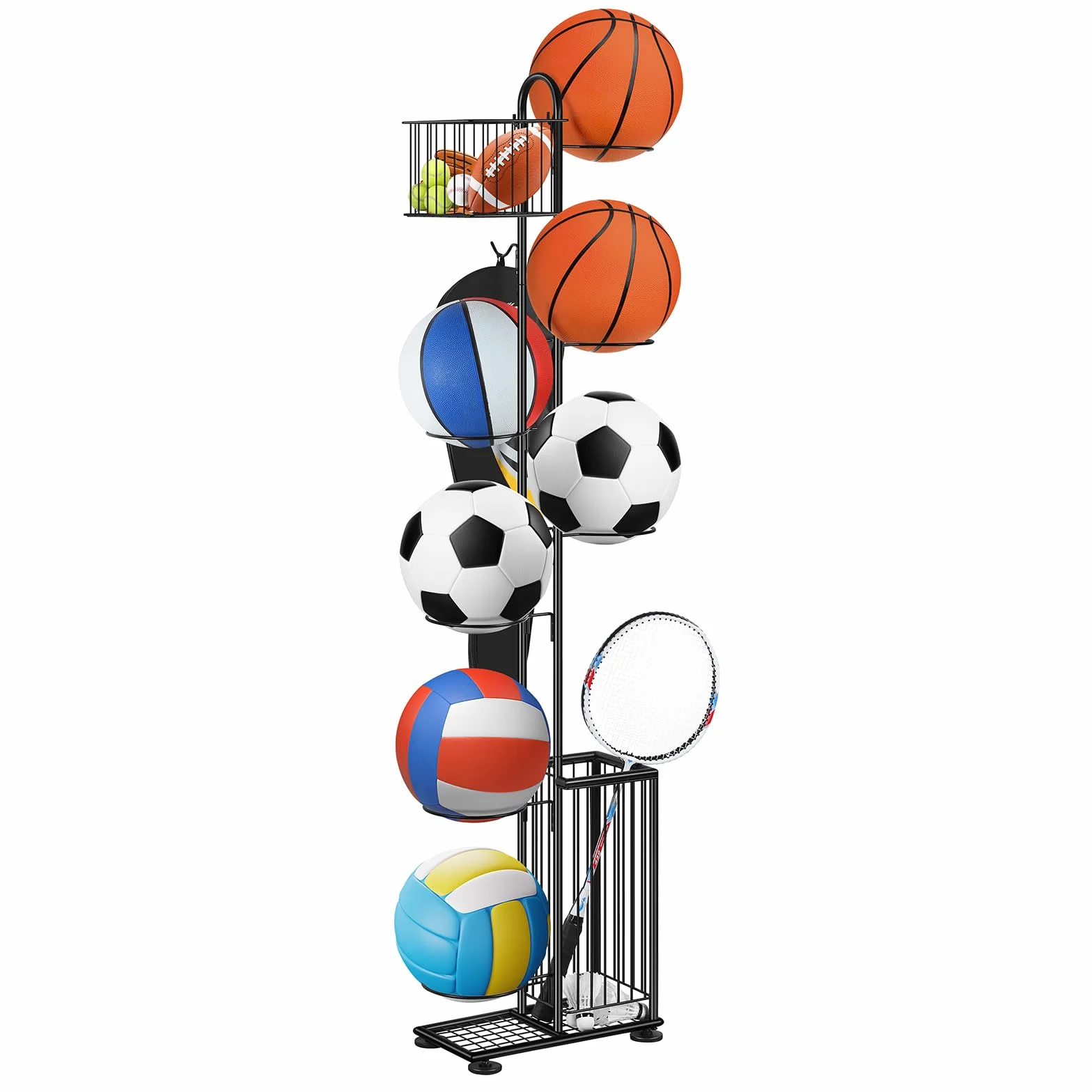 Smusei Soporte de bolas de metal 7 niveles vertical con cestas y ganchos organizador para baloncesto fútbol voleibol