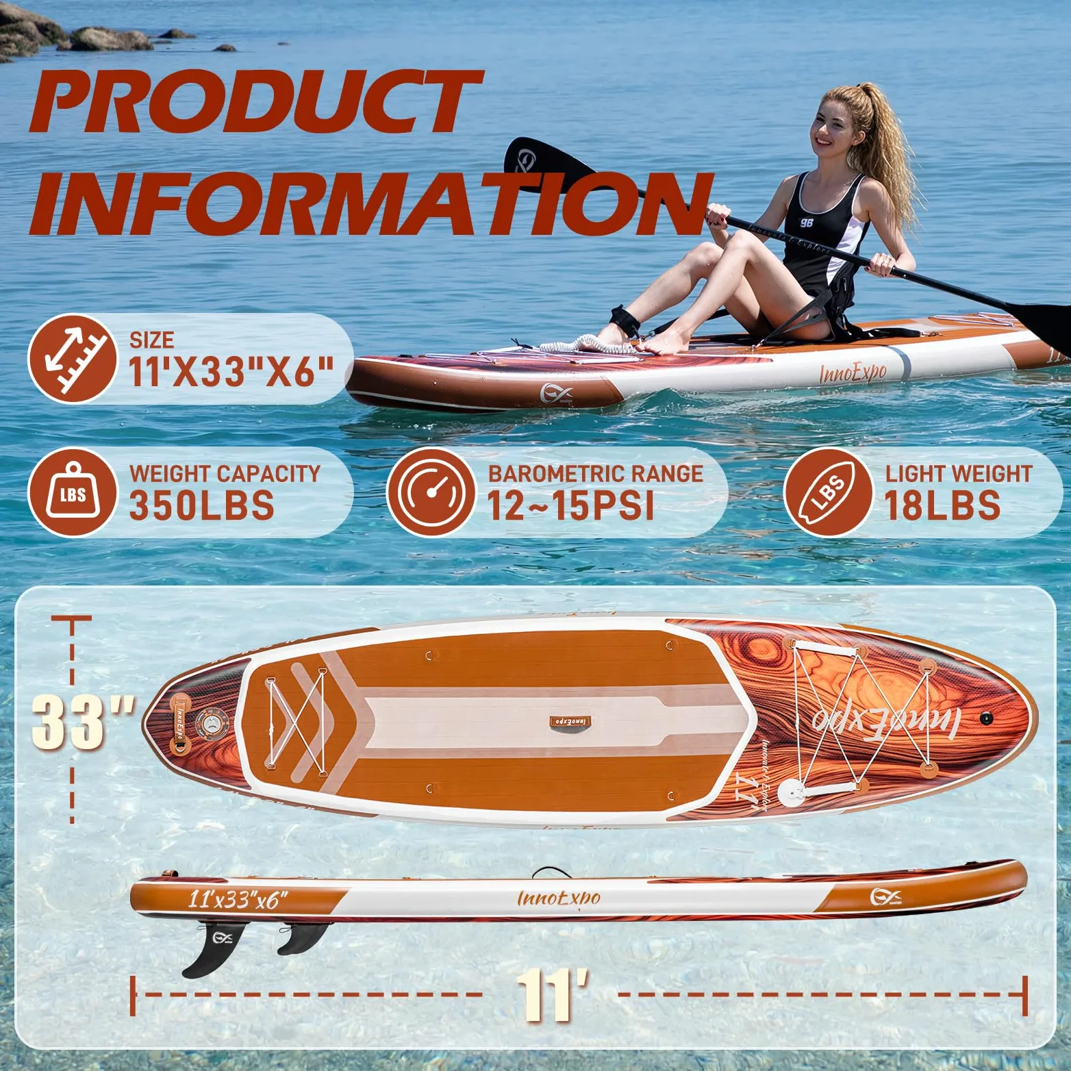 InnoExpo Tablas de remo inflables de 11 pies con accesorios de primera calidad, diseño de tabla de remo SUP ancha y estable, cubierta antideslizante y cómoda para jóvenes y adultos