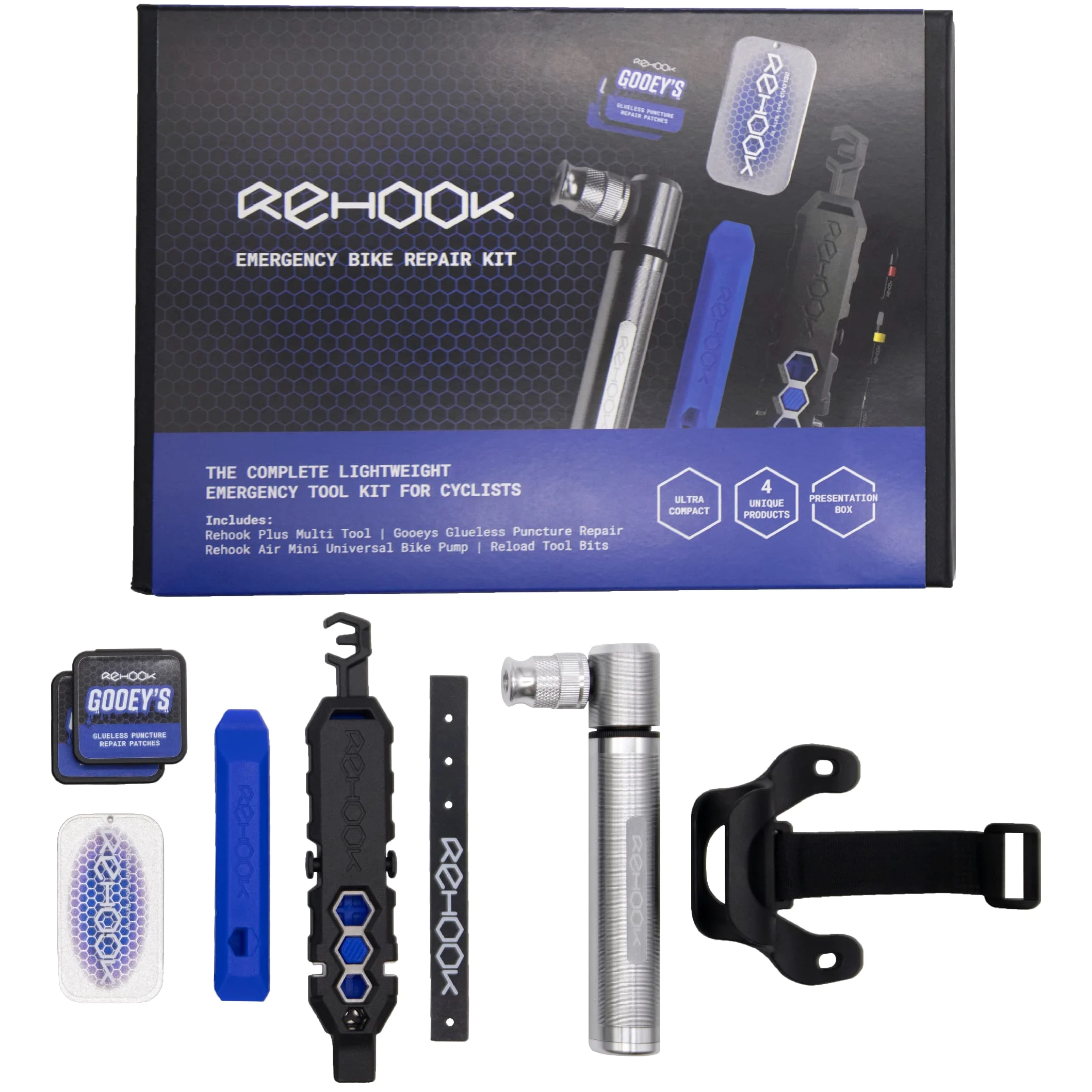 Rehook Kit de reparación de bicicleta de emergencia, kit completo de herramientas de emergencia ligero para ciclistas | Ciclismo Plus multiherramienta, bomba de bicicleta de aire, palancas de