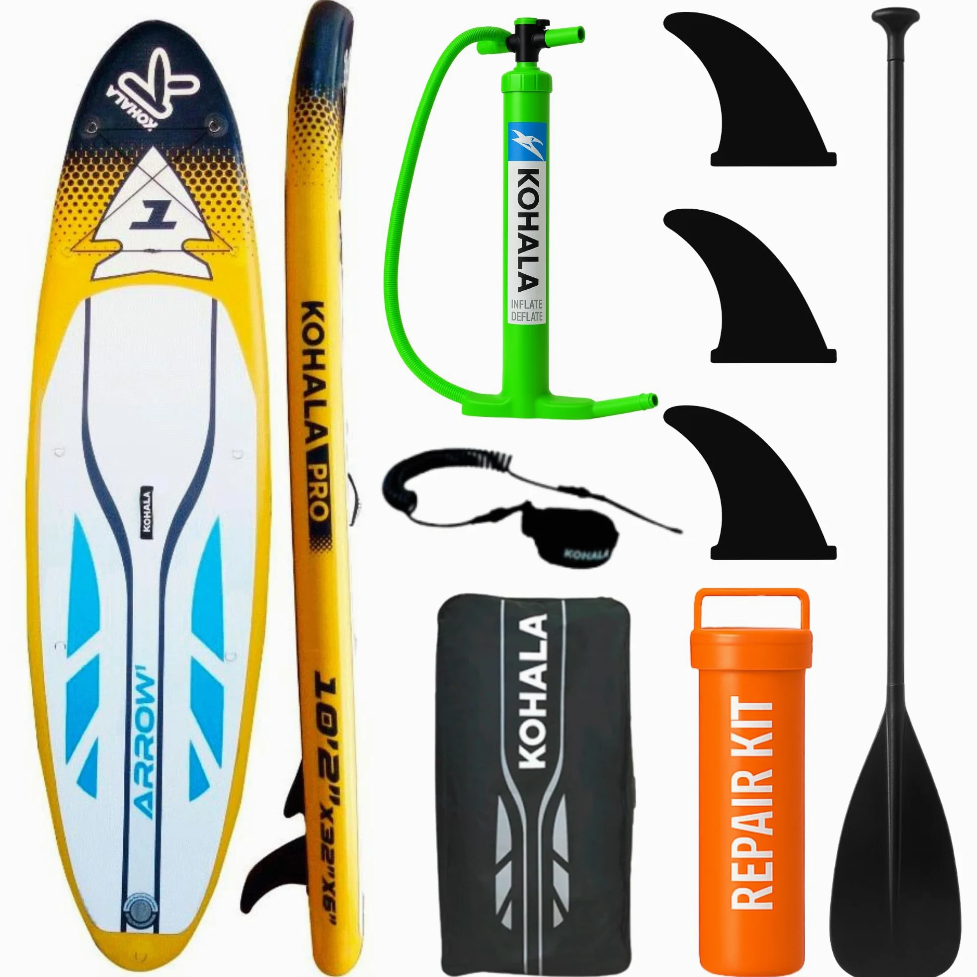KOHALA Tabla Paddle Surf Hinchable Arrow 10’2” (310 x 81 x 15) cm | Pack Pro con Remo, Bomba Doble Acción, Mochila, Leash y Aletas | Tabla Fusion Avanzada para Adultos