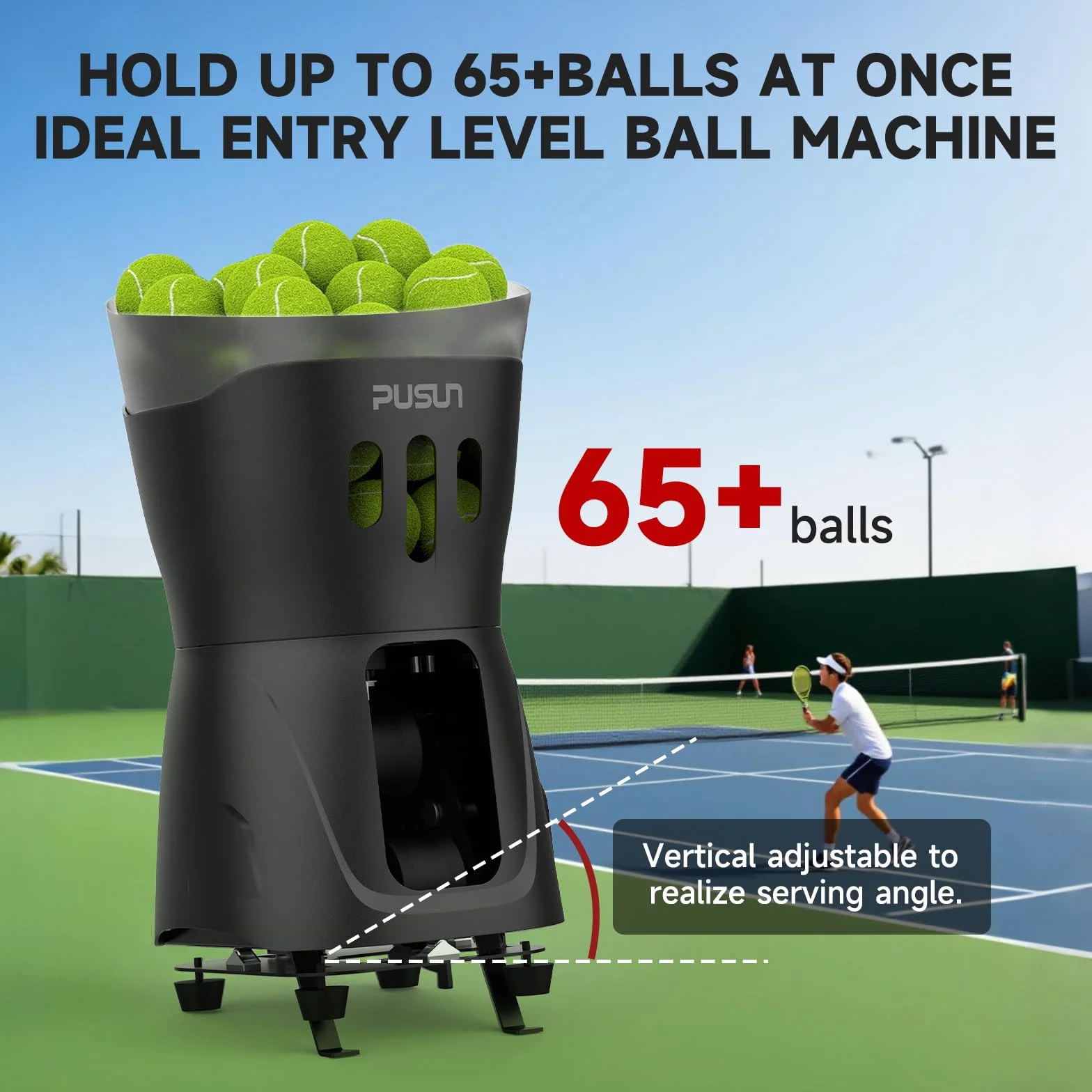 PUSUN Máquina lanzadora de pelotas de tenis niños principiantes capacidad 65 pelotas doble control aplicación control remoto batería 3-5 horas