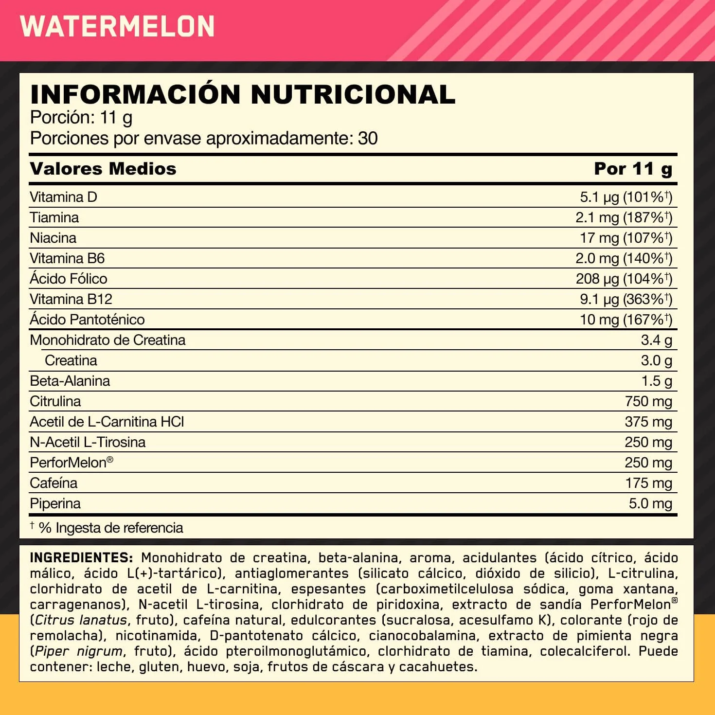 Optimum Nutrition Gold Standard Pre-Entreno en Polvo, Sandía, 330g, 30 Servicios