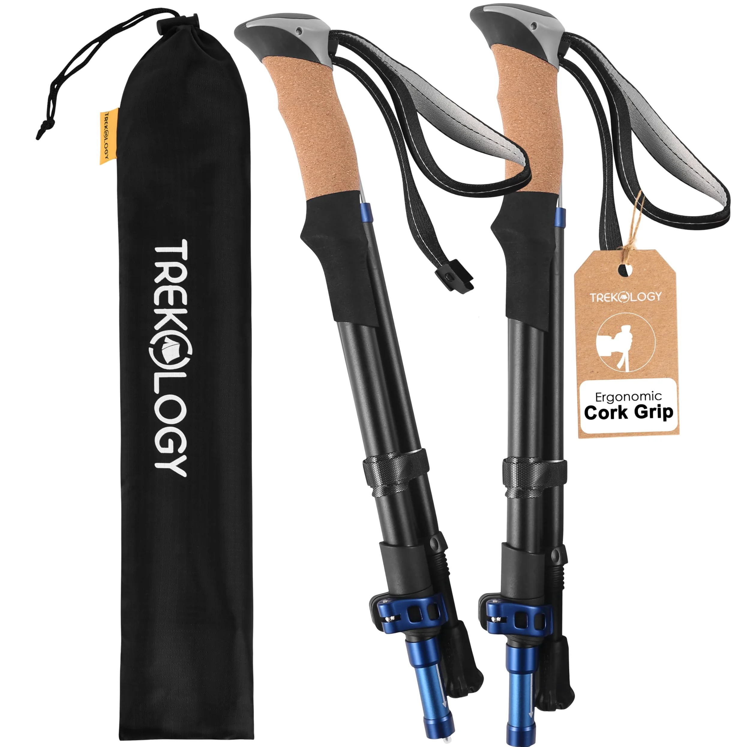 TREKOLOGY TREKZ Cork SE 2PCS Bastones de Senderismo Plegable con Mango de Corcho - Ligeros, Plegables y Retráctiles Bastones Trekking Marcha Trail Nórdica para Caminar, Mochileros, Hiking, Camping
