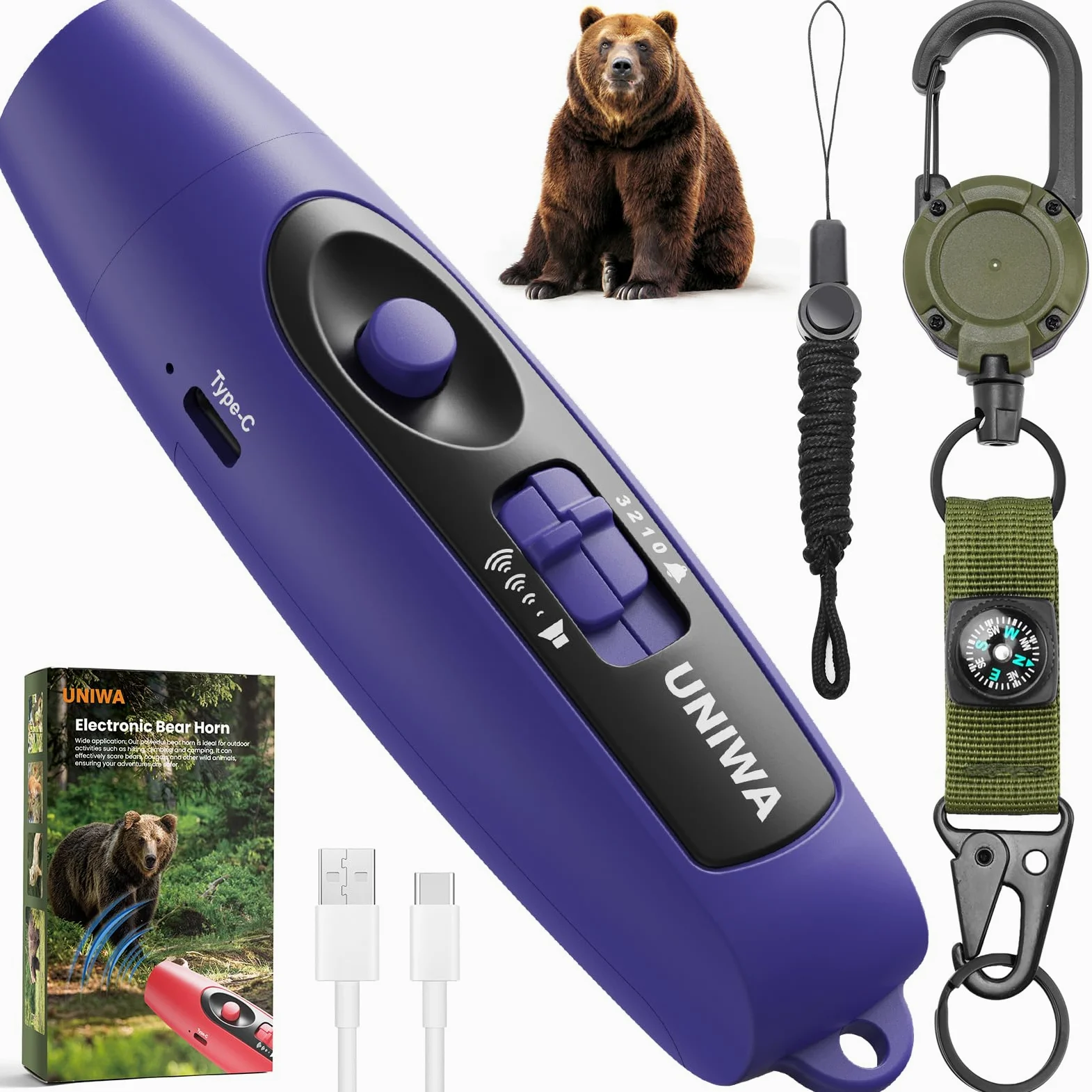 UNIWA Bocina electrónica de oso de aire, bocina de aire fuerte de 120±5 dB para seguridad, senderismo, camping, silbato de emergencia con brújula y termómetro, cuerno de oso para asustar a los osos