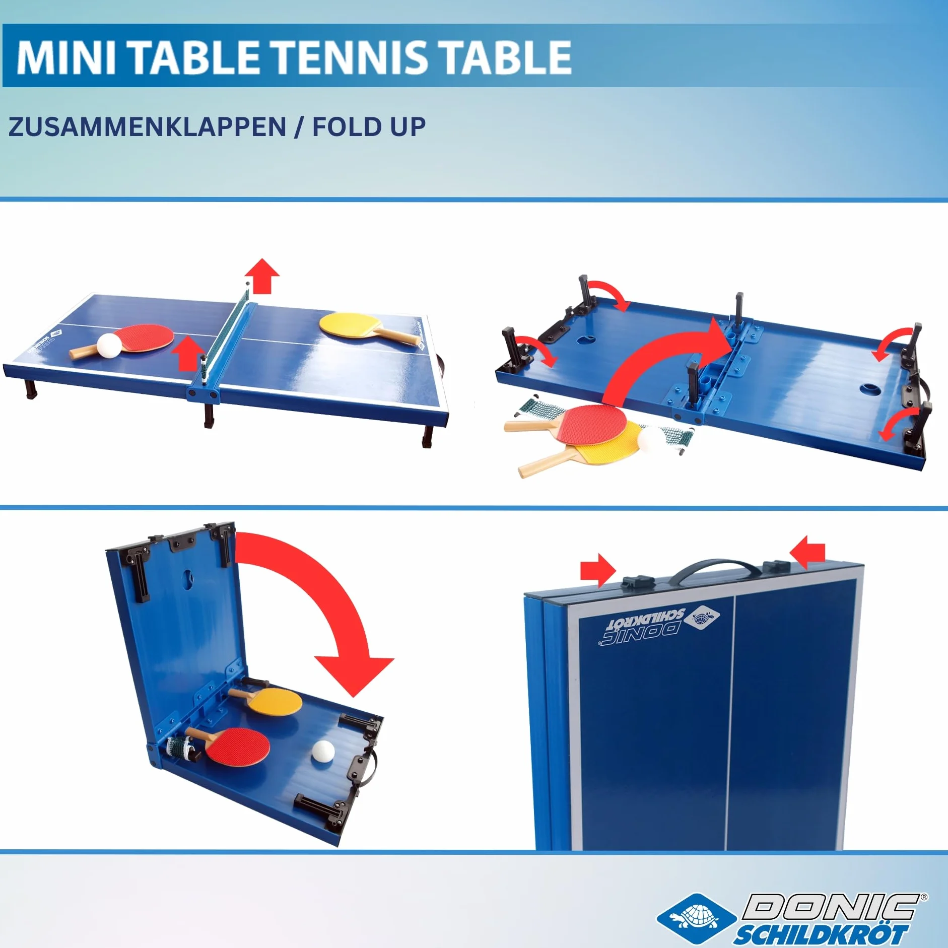 Donic-Schildkröt 838576 - Juego Completo de Mesa de Ping Pong (2 Palas y 1 Pelota, Plegable, tamaño maletín, 68 x 33 x 9 cm), Color Azul