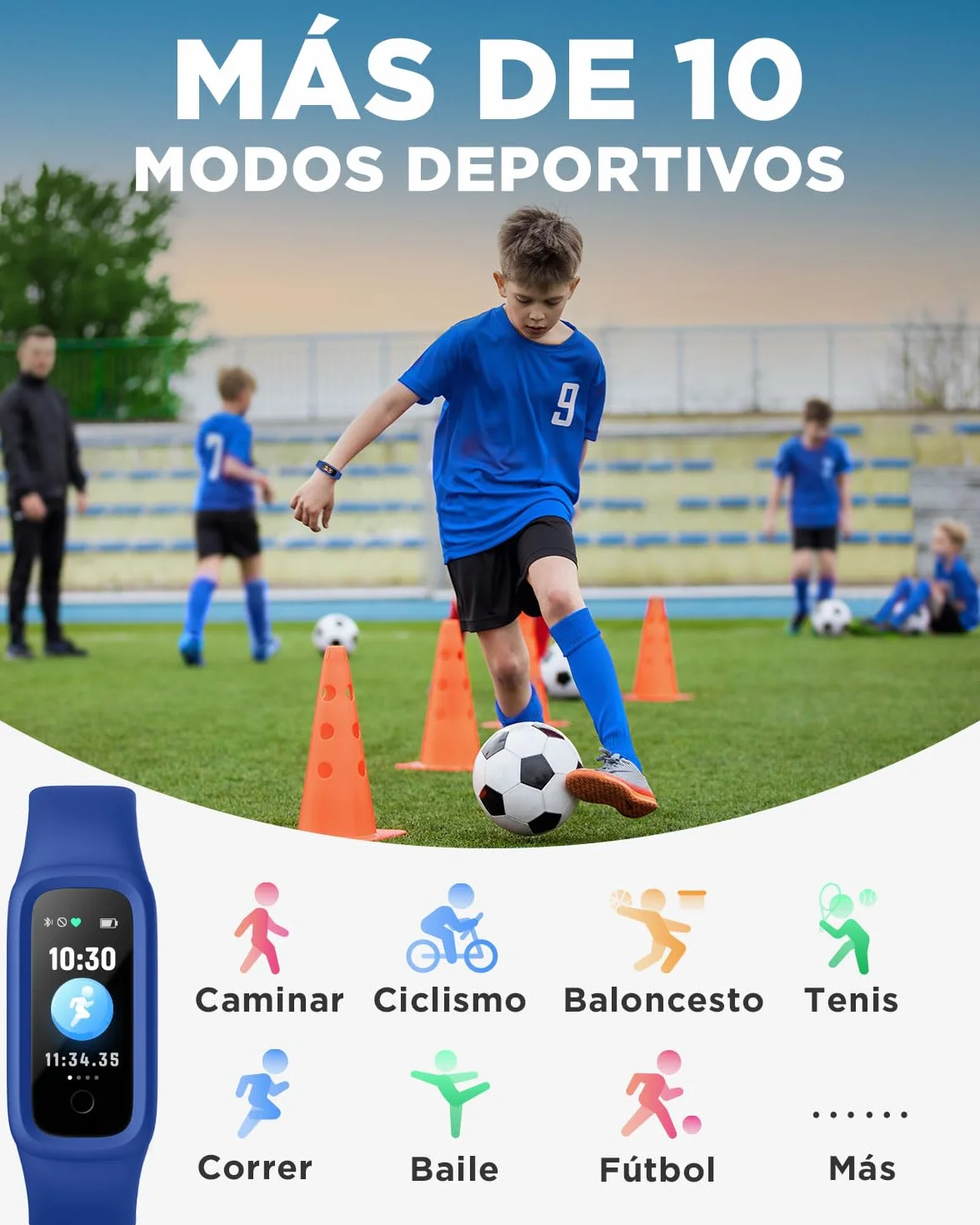 BIGGERFIVE Vigor 2 L Reloj Fitness para Niños y Niñas de 5 a 15 Años, Rastreador de Actividad, Monitor de Frecuencia Cardíaca y Sueño, Impermeable IP68, Podómetro, Contador de Calorías, Azul
