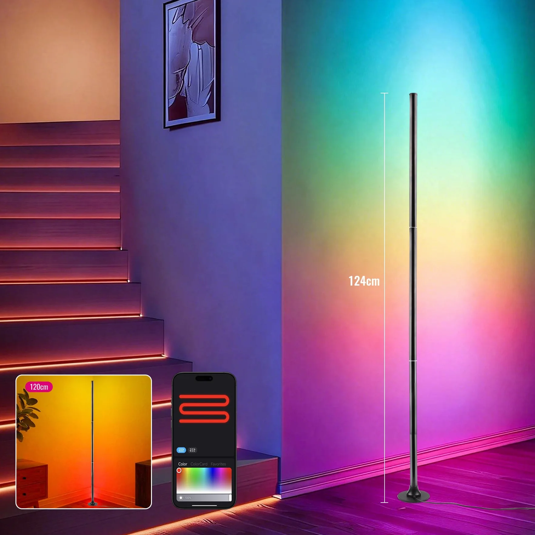 Lámpara de pie LED RGB con control por aplicación y mando a distancia, sincronización musical, 16 millones de colores