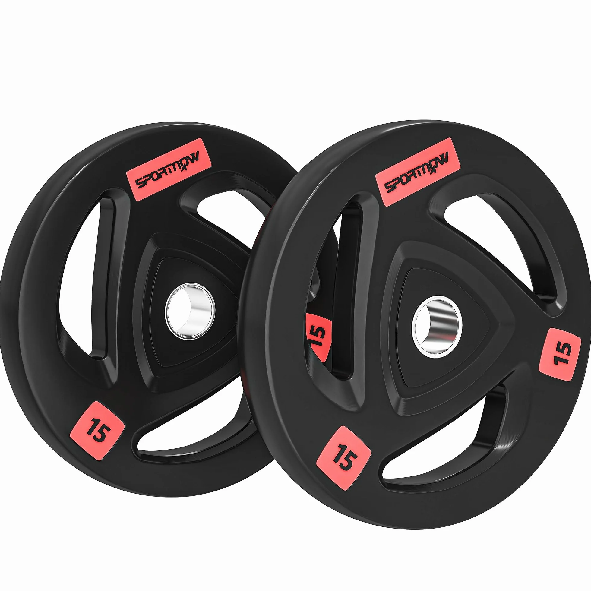 SPORTNOW Discos Pesas Olímpicos 5kg a 15kg, Agujero Ø50 mm, de Hierro Fundido, Recubierta de Goma, 2 Placas de Pesas con Triple Agarre, para Mancuernas y Barras, Entrenamiento en Casa, Gimnasio, Negro