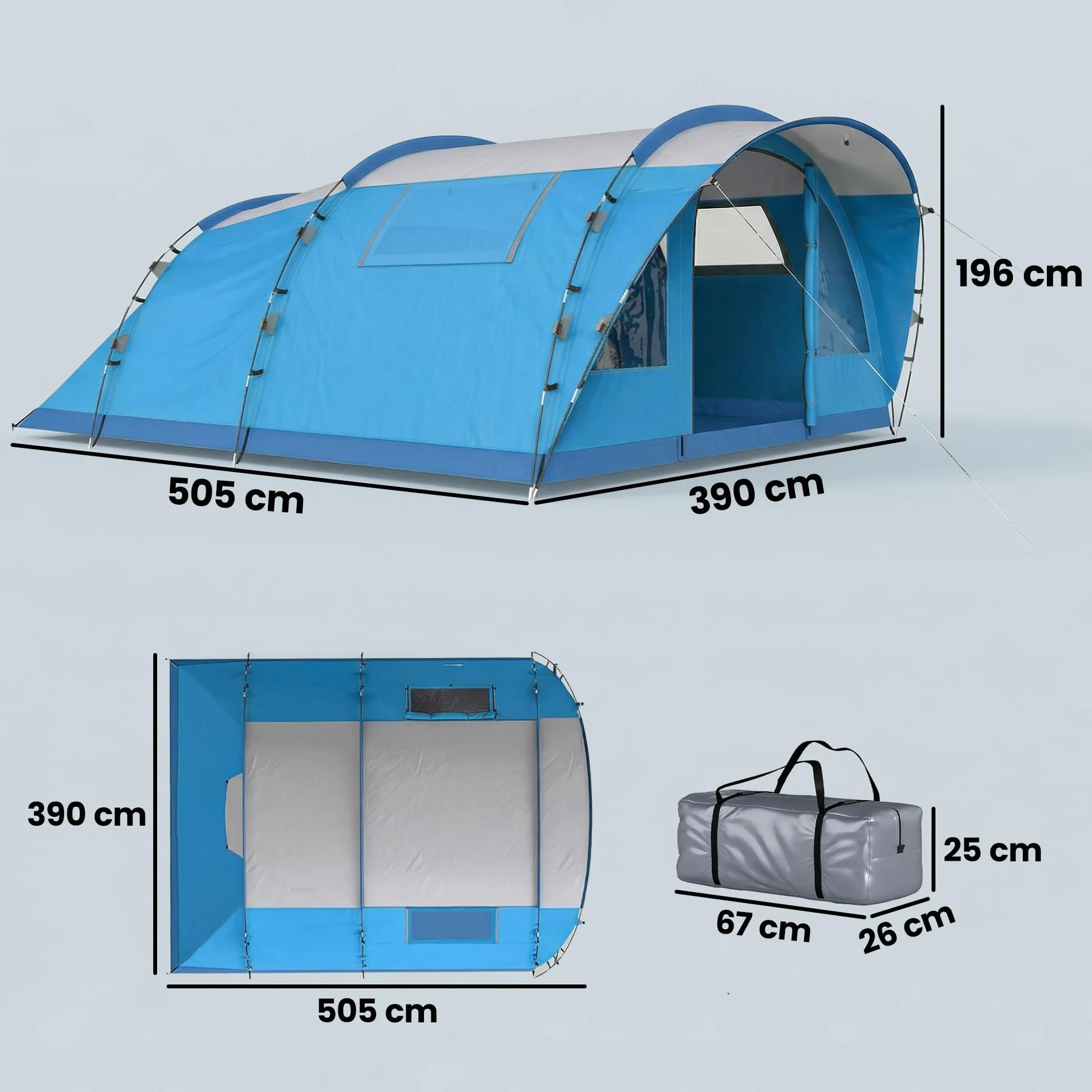 Outsunny Tienda de Campaña Familiar 5 Personas Tipo Túnel 3 Habitaciones Impermeable 3000 mm Azul