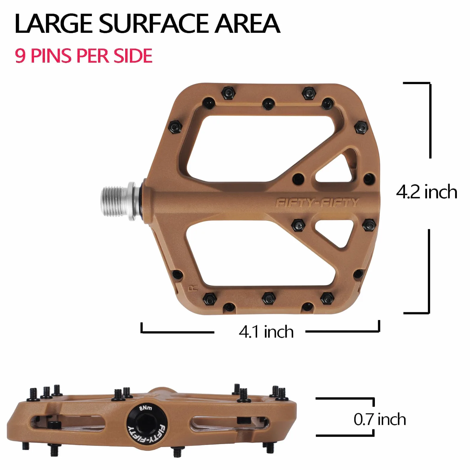 FIFTY-FIFTY Pedales de Bicicleta de Montaña, Pedales Planos Antideslizantes | Pedales para Bicicletas de 9/16", Compuesto de Nailon, Ligeros y con Plataforma Plana Ancha, Fácil de Colocar