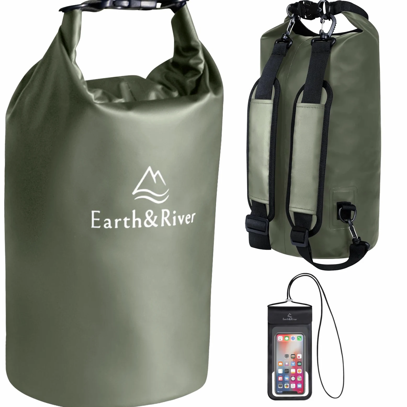 EARTH&RIVER Mochila seca para kayak, mochileros, rafting y navegación, protección impermeable resistente, correas de hombro anchas y ajustables (verde militar, 10 L)