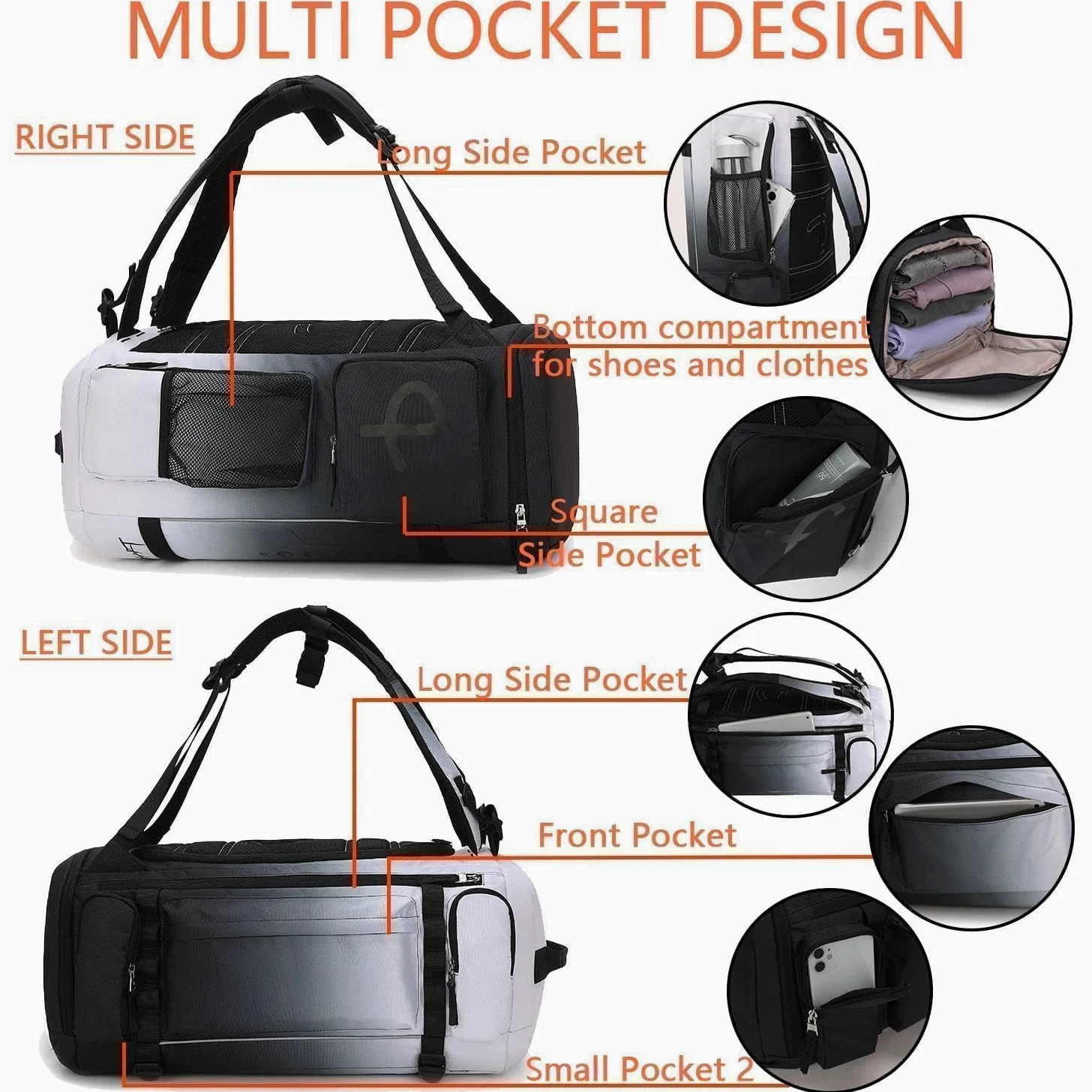 BE SMART - Mochila de gimnasio extragrande de 50 L para hombre, bolsa de gimnasio grande con compartimento para zapatos, bolsas de lona resistentes al agua, Gardient Black, XL, Mochila de lona para
