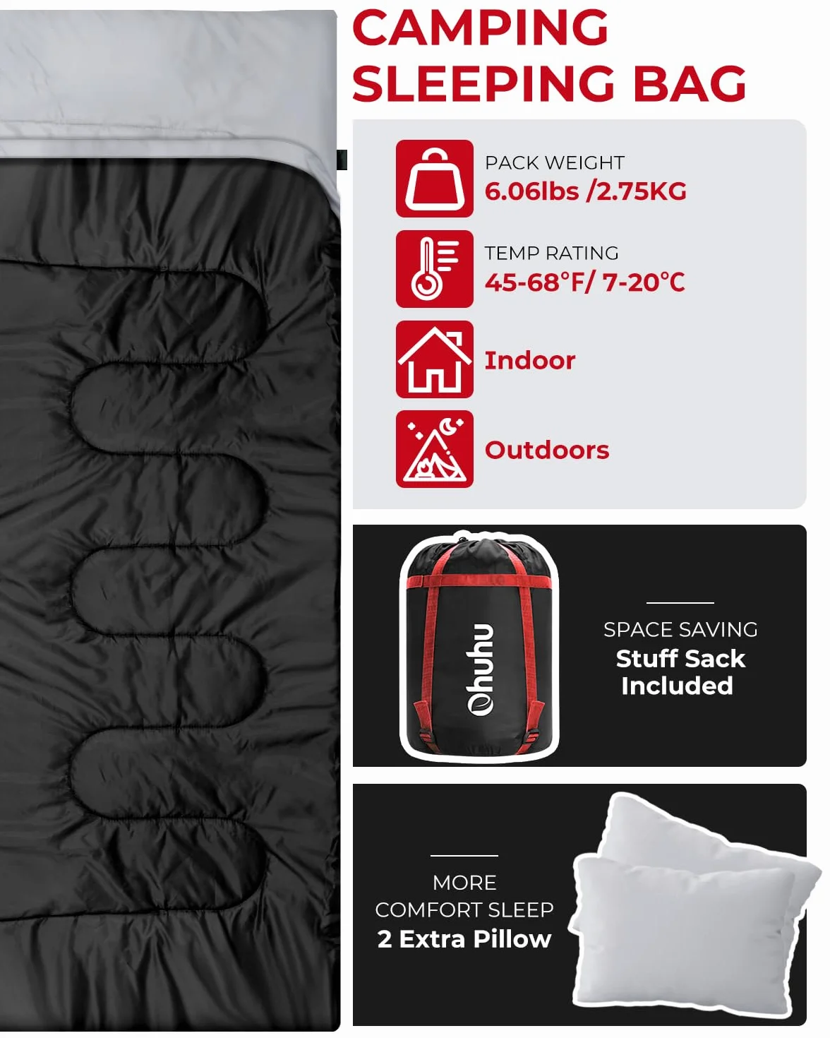 Ohuhu Saco de Dormir Doble Enorme 220x150cm con 2 Almohadas y una Bolsa de Transporte, Cuatro Doble Tiradores de la Cremallera - Temperatura Cómodo: 0 ° C ~ 10 ° C