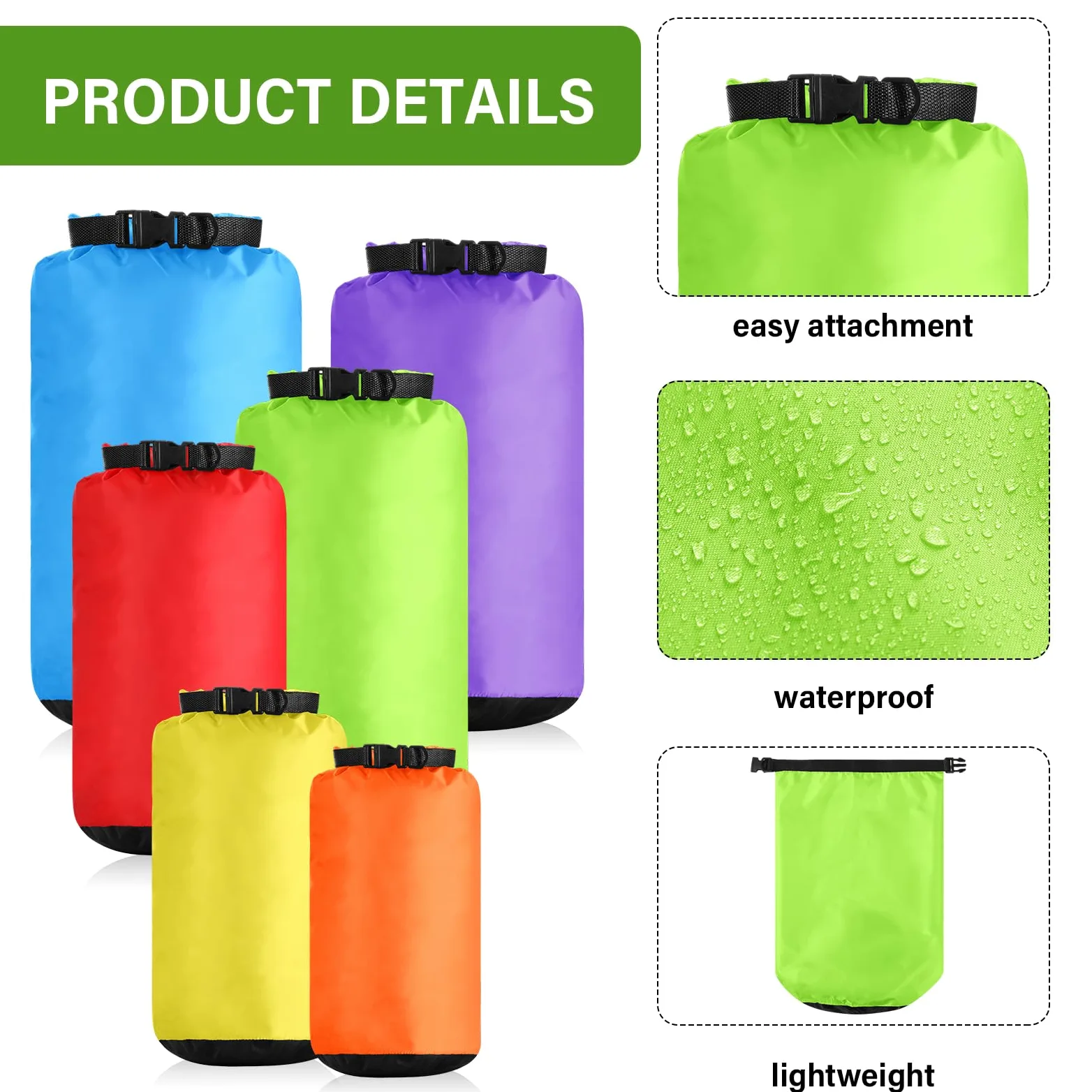 6 bolsas impermeables ligeras para exteriores, 35 L, 20 L, 15 L, 10 L, 5 L, 3 L, bolsa impermeable para barco, kayak, mochilero, senderismo, camping, rafting (color fluorescente)