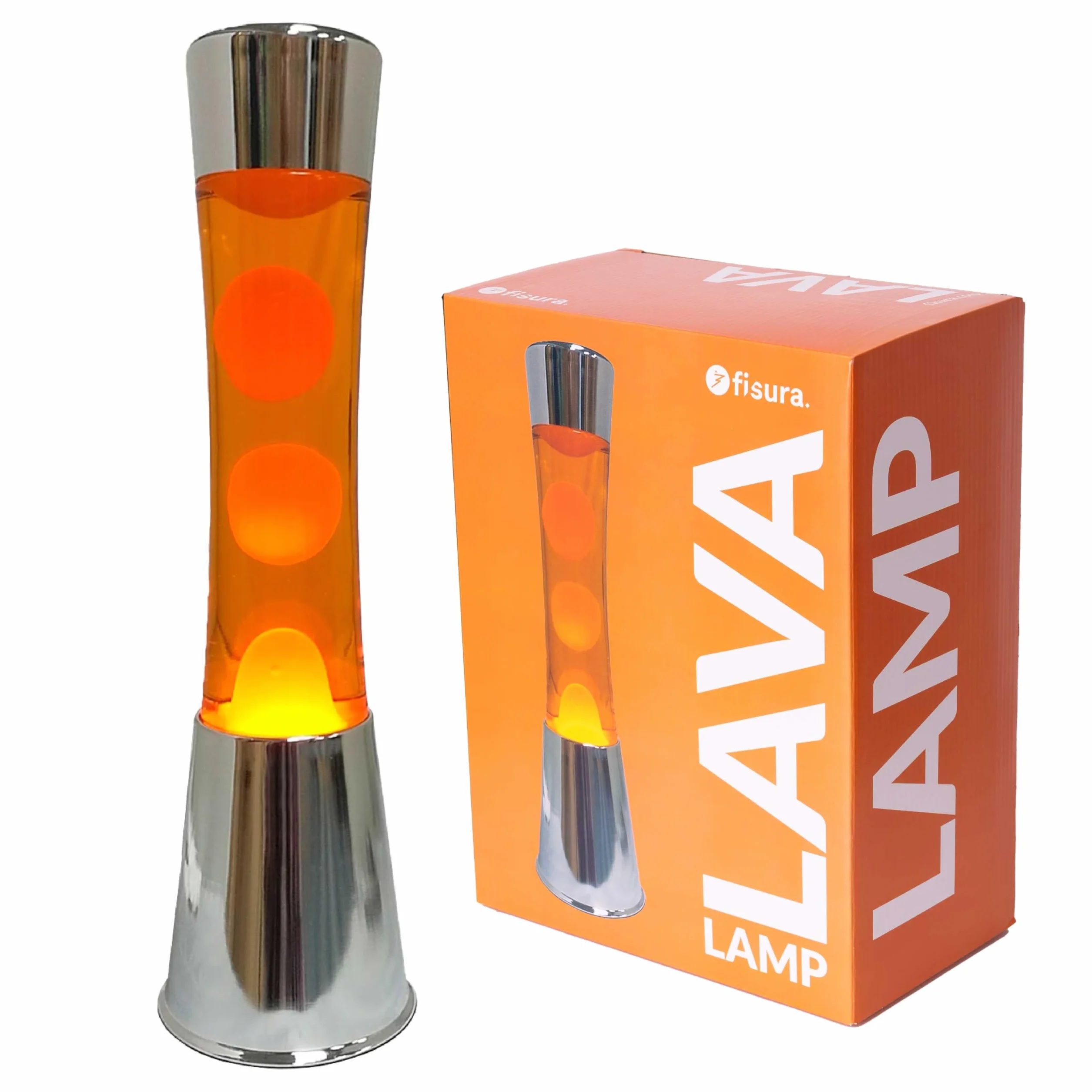 Fisura Lámpara de lava naranja base plateada cromada 11x11x39,5 cm con bombilla de repuesto