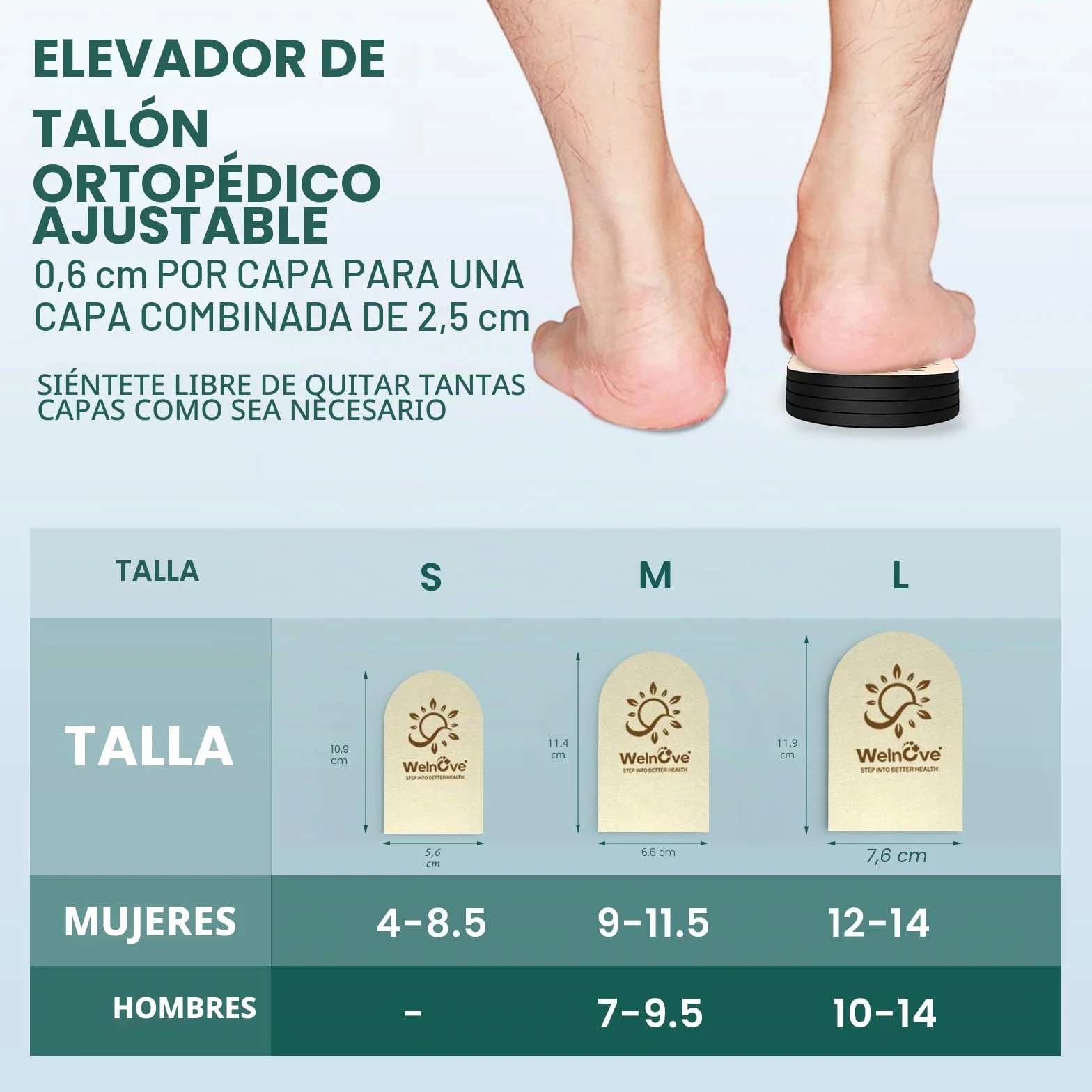 Welnove 4 capas de zapatos ajustables para piernas desiguales, incremento de altura 1 pulgada, beige M
