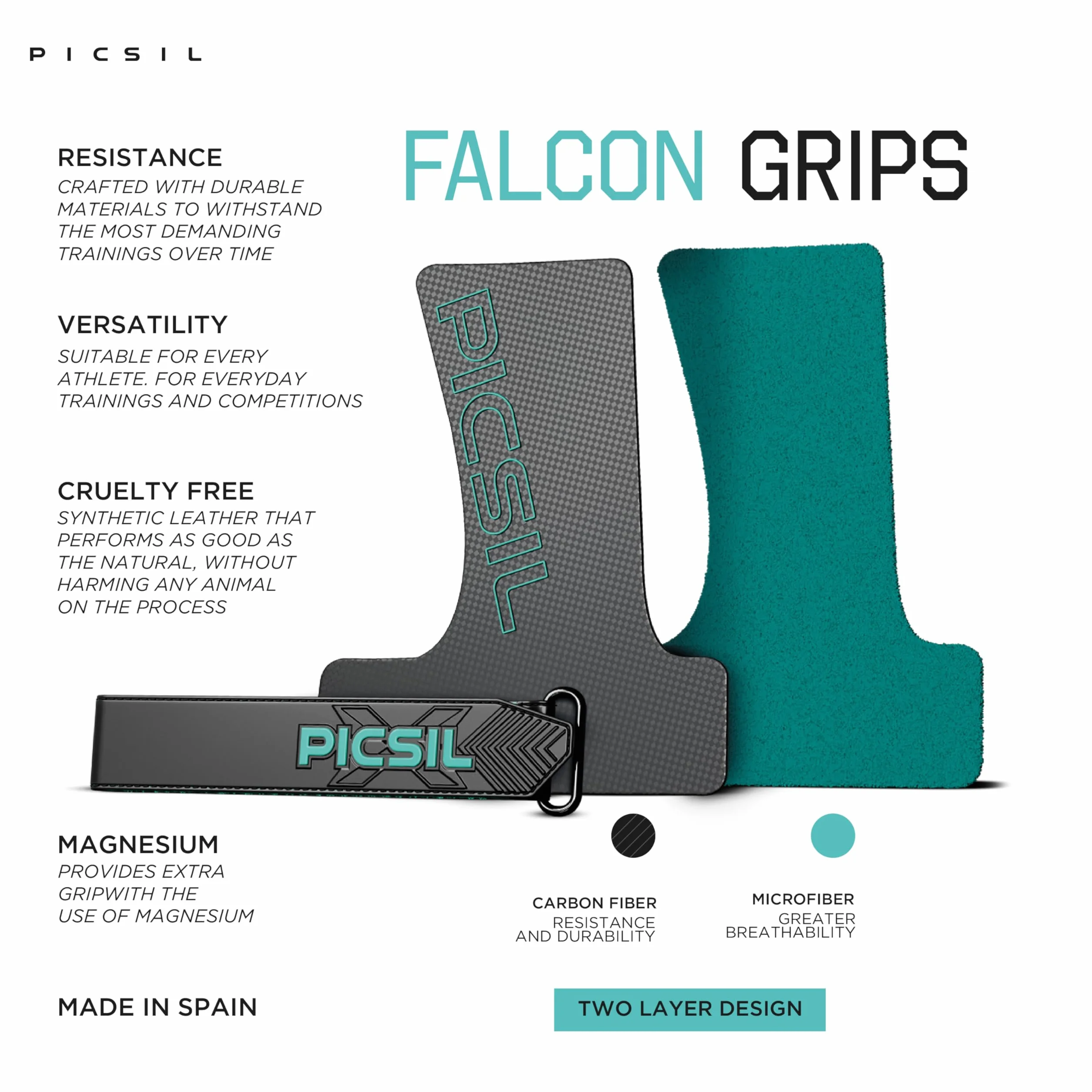 PICSIL Calleras Falcon para Cross Training y Gimnasia, Material de Fibra de Carbono, Uso con Magnesio, Agarre en Todas Superficies y Tipo de Barras (Talla S, 2H)