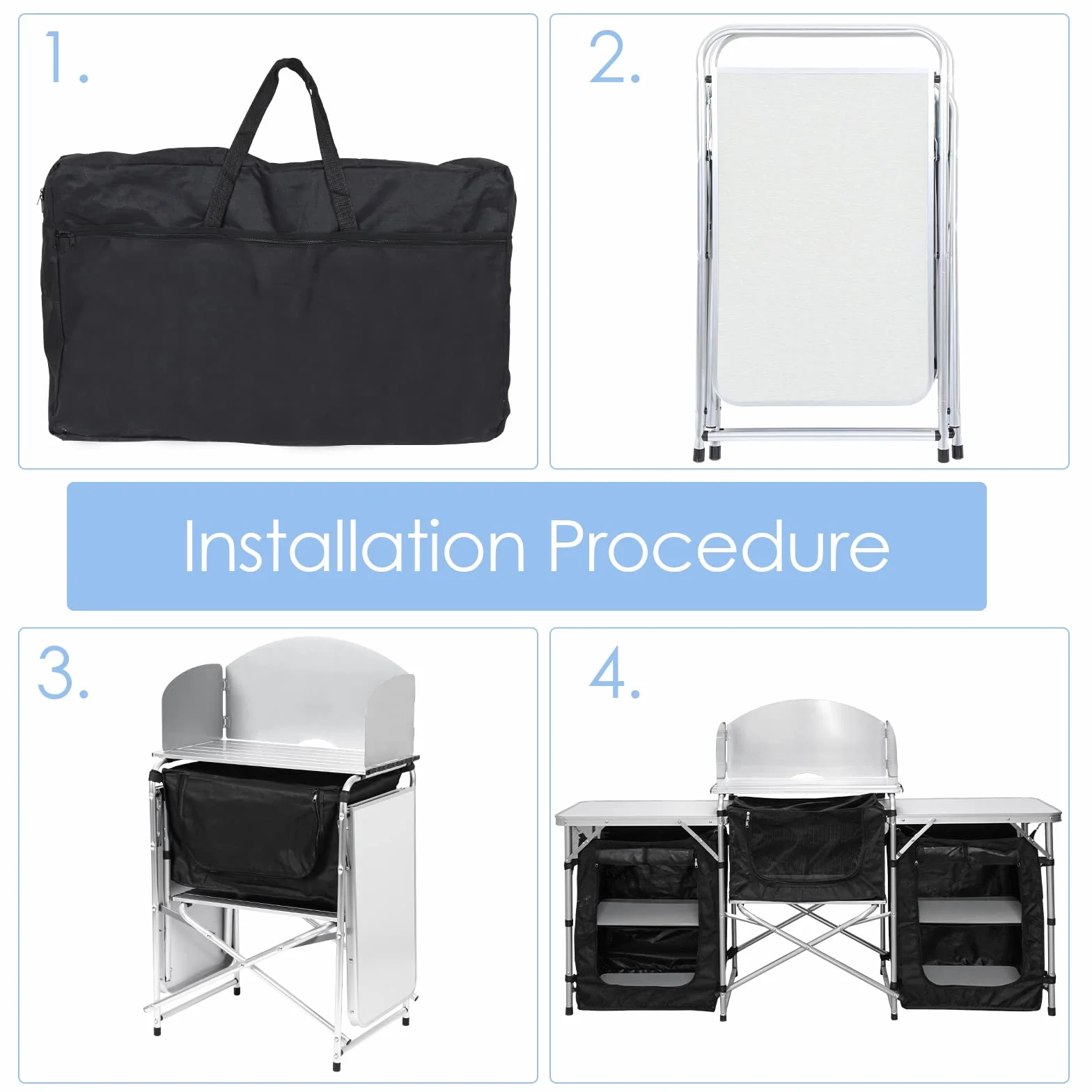 Cocina de camping plegable con protección contra el viento, armario de camping con bolsa de transporte, aluminio para exteriores, camping, cocina, armario de tienda de campaña, caja de cocina