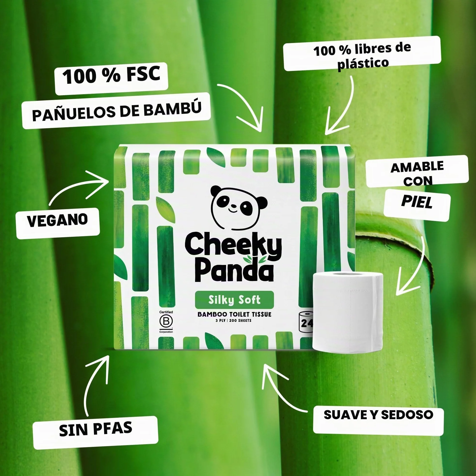 The Cheeky Panda Papel Higiénico de Bambú 24 Rollos 200 Hojas 3 Capas Biodegradable Sin Plástico