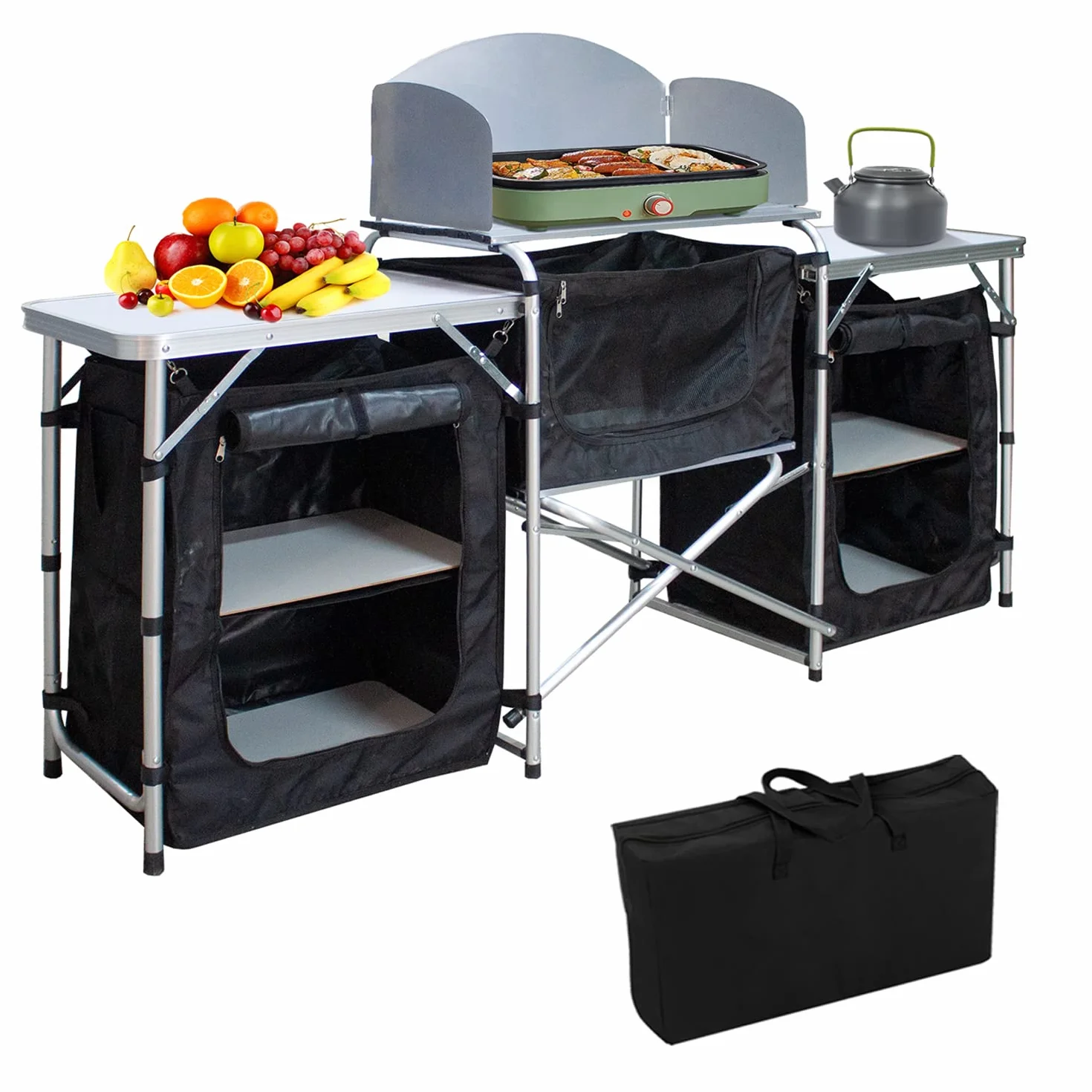 Cocina de camping plegable con protección contra el viento, armario de camping con bolsa de transporte, aluminio para exteriores, camping, cocina, armario de tienda de campaña, caja de cocina