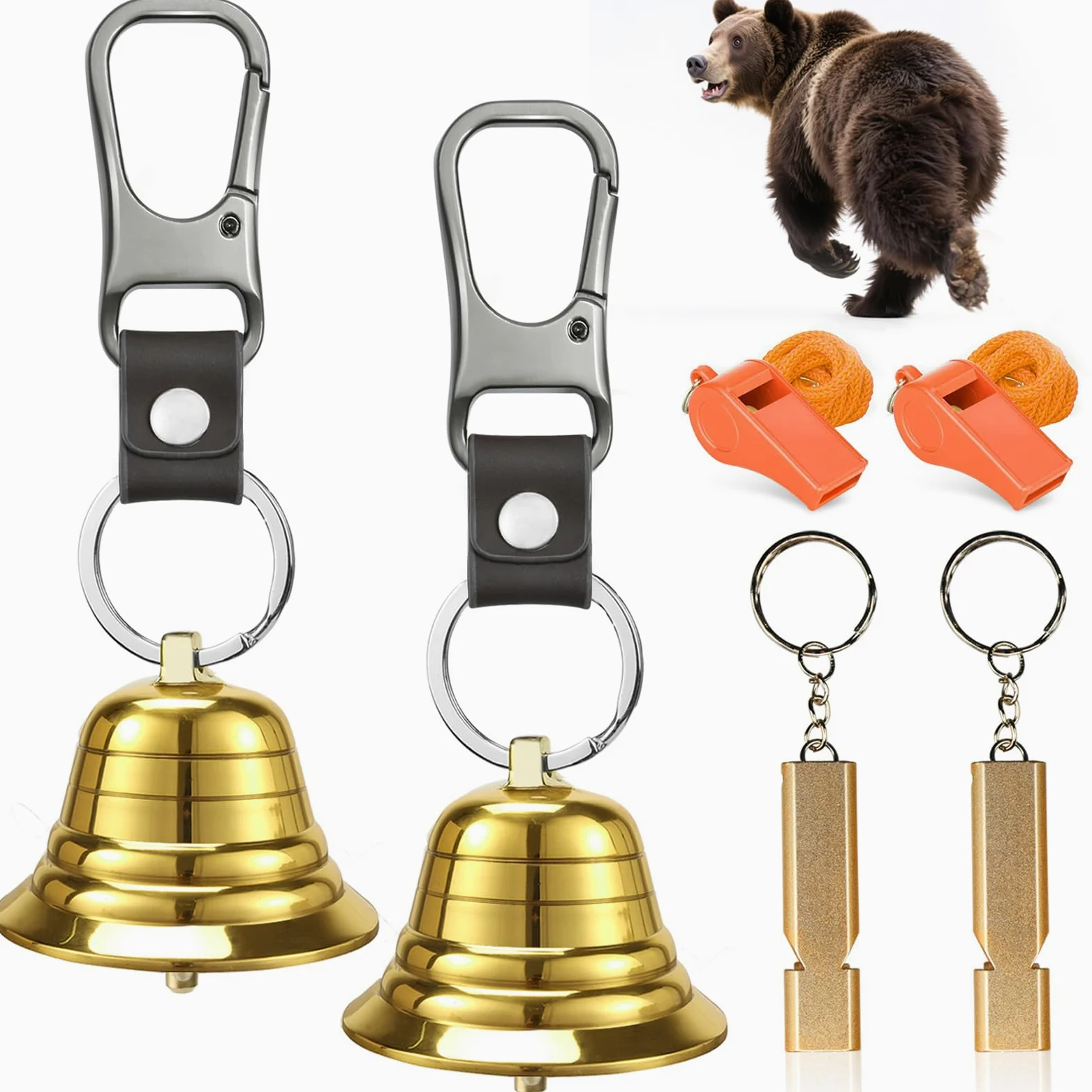 NedFoss Loud Bear Bell - Juego de campanas para asustar a los osos, artículos esenciales de senderismo para mujeres, silbato de emergencia y campanas de oso para senderismo, camping, ciclismo