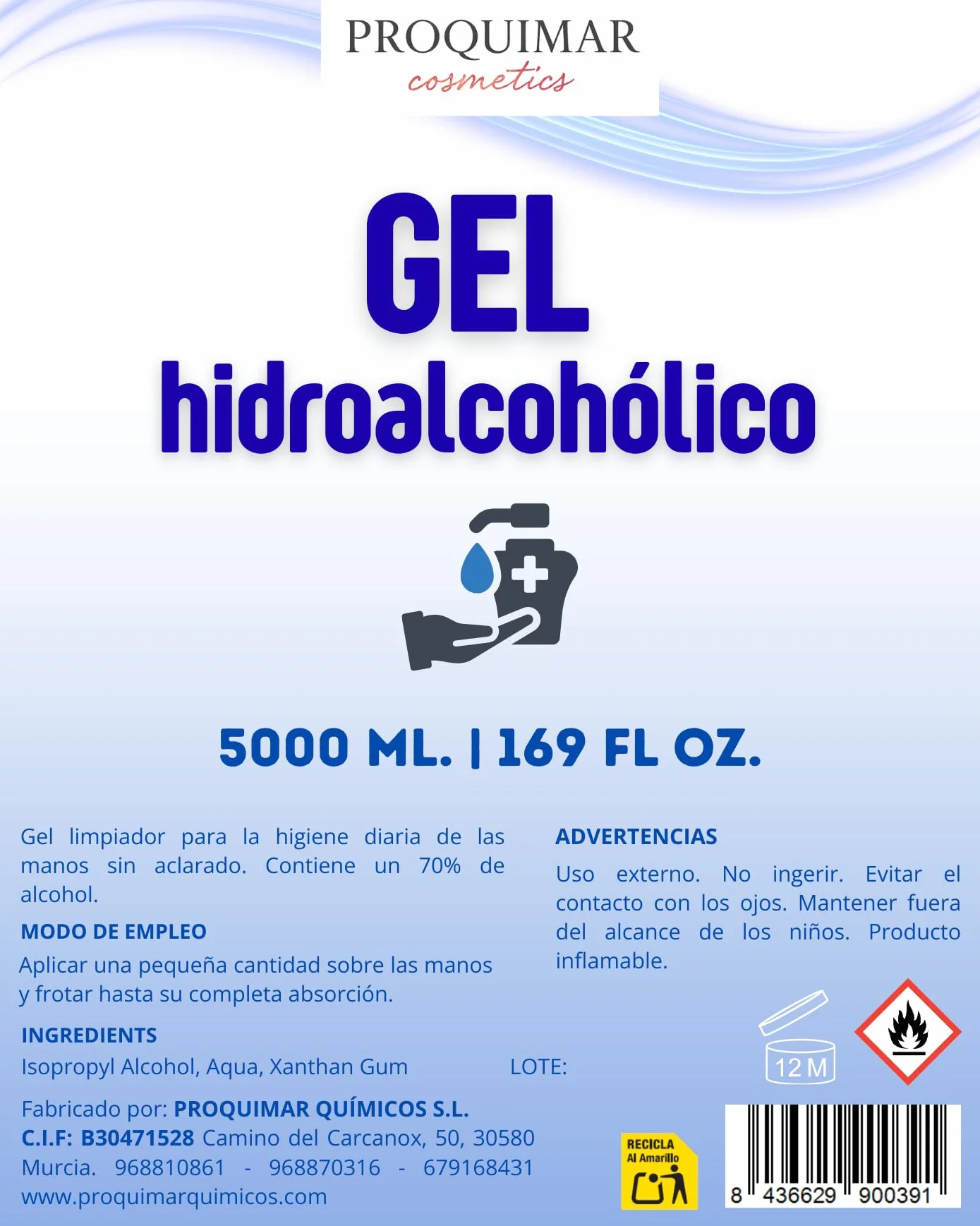 Gel Hidroalcohólico 5 Litros Garrafa Higiene Manos Secado Rápido