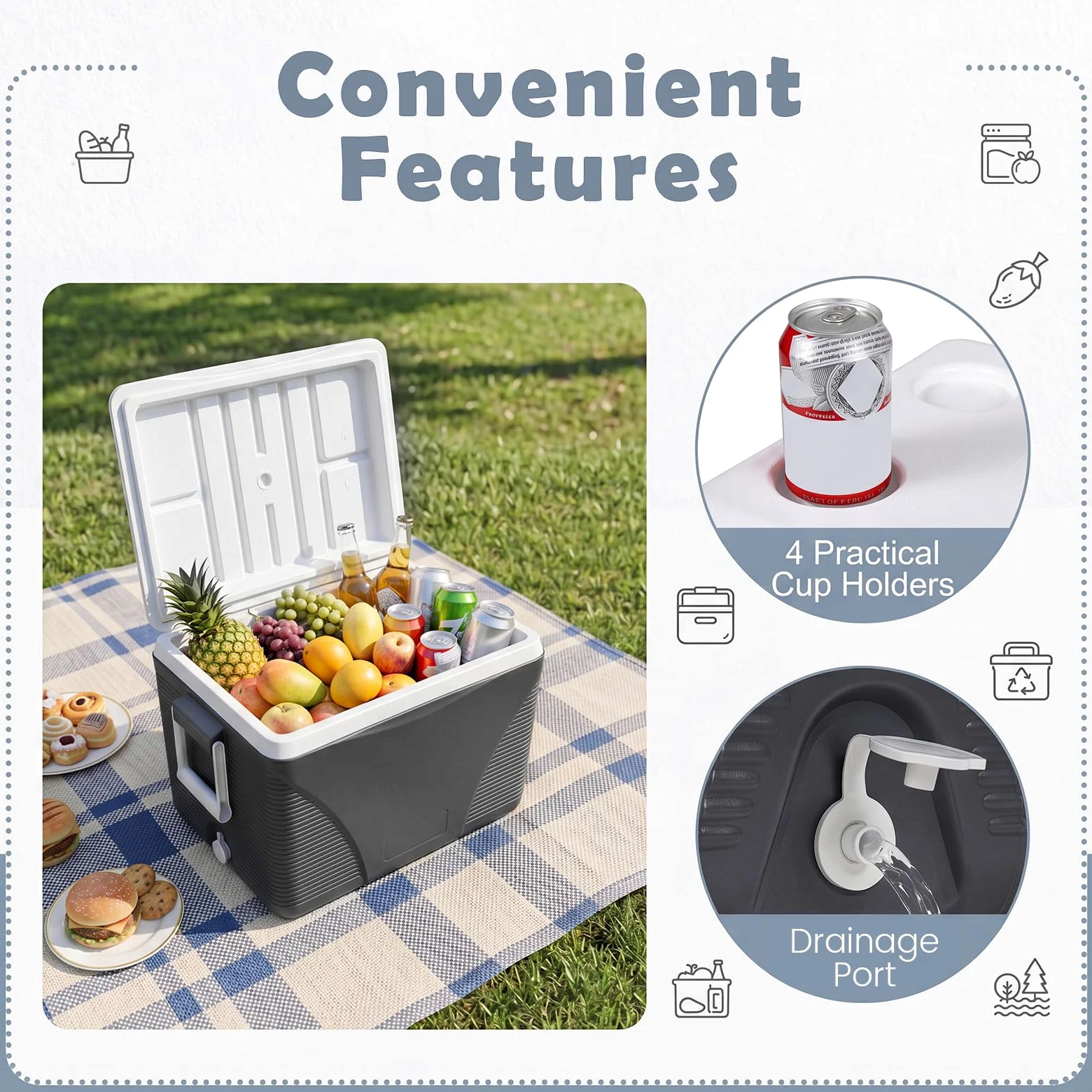 Lifezeal - Refrigerador rígido portátil 41L, refrigerador de camping con aislamiento térmico de 5 a 7 días, caja refrigerante con 4 portavasos y tapón de drenaje, ideal para picnic, pesca, viajes