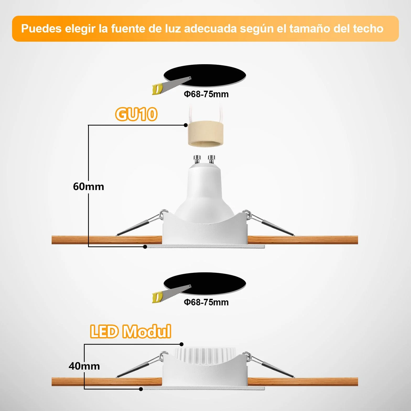 KYOTECH Juego de 6 Focos Empotrables GU10 Blanco Orientable Cuadrado
