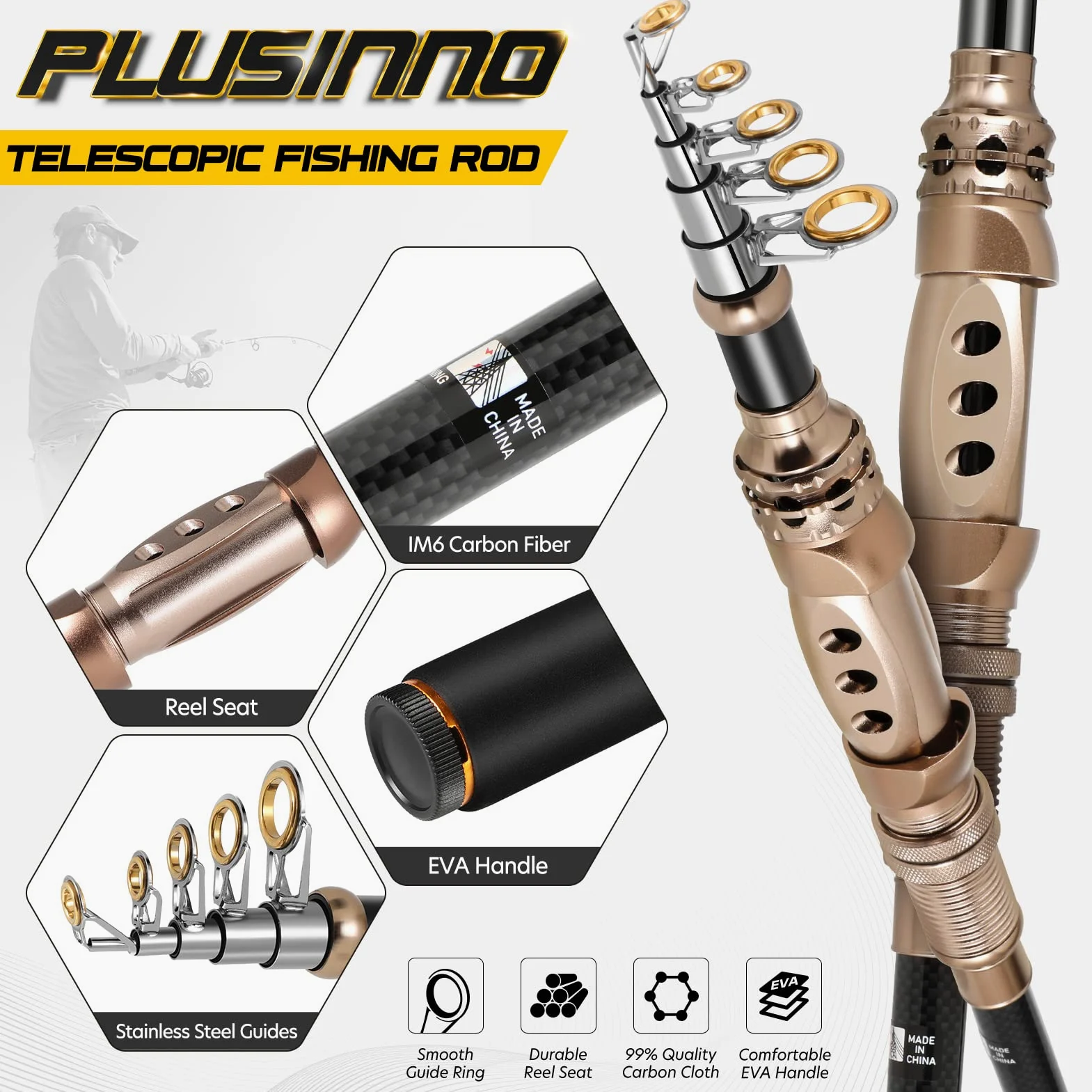 PLUSINNO - Combo de caña y Carrete de Pesca, caña telescópica de Fibra de Carbono con Carrete, Kit de caña de Pescar para mar y Agua Dulce