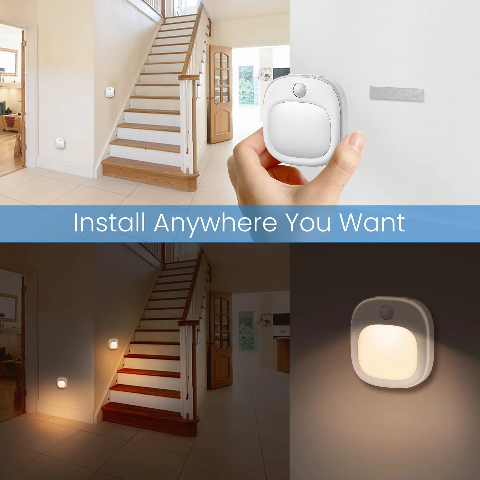 Luz Nocturna con Sensor de Movimiento USB-C Recargable 3 Modos de Color Regulable LED Adhesiva 2 Piezas
