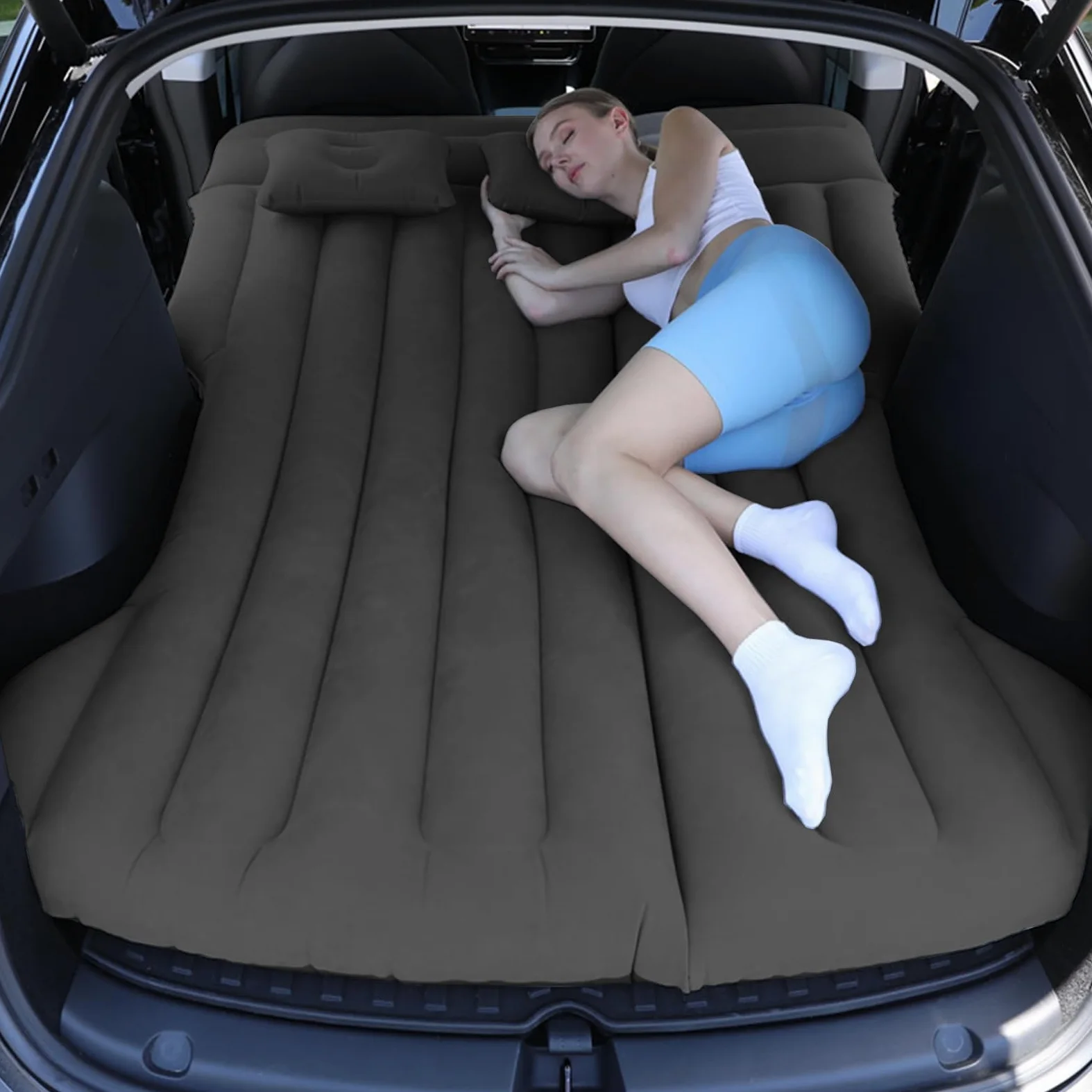 SUV Colchón de Coche Inflable con Bomba y Almohada, Cama de Aire Portátil para Viajes Camping Aire Libre, Grueso Cómodo Duradero Negro
