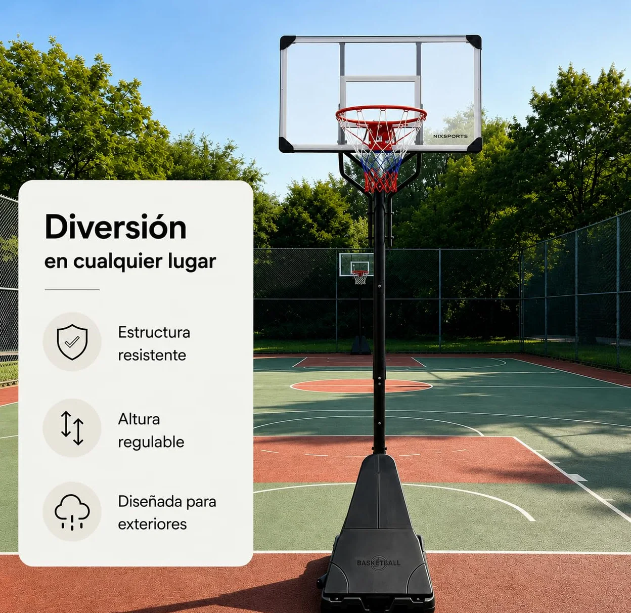 Canasta de Baloncesto portátil Regulable con Ruedas – Base rellenable, aro metálico con Red Tricolor – Uso jardín y Exterior