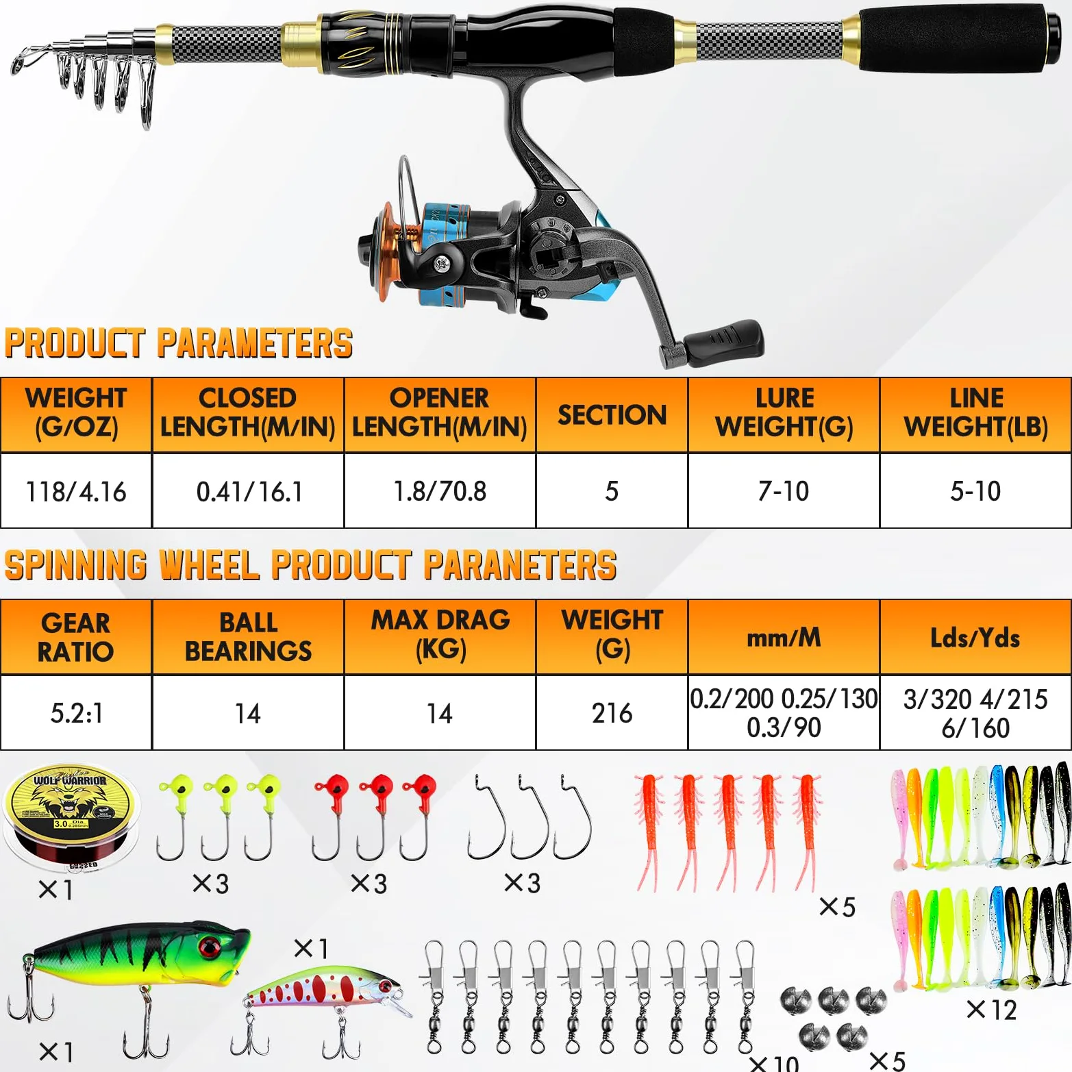 Ertisa Caña de pescar Spinning, 2,1 m de fibra de carbono, cañas de pescar telescópicas, set combinado caña de spinning y carrete de pesca cebo de pesca, kit de bolsa de transporte para mar y agua
