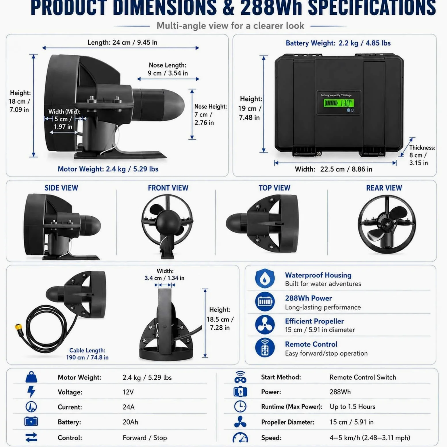 Motor Eléctrico Tipo Aleta para Sup, Propulsor Submarino de 12 V para Kayak y Paddle Surf, Kit Completo con Batería y Control Remoto 288W