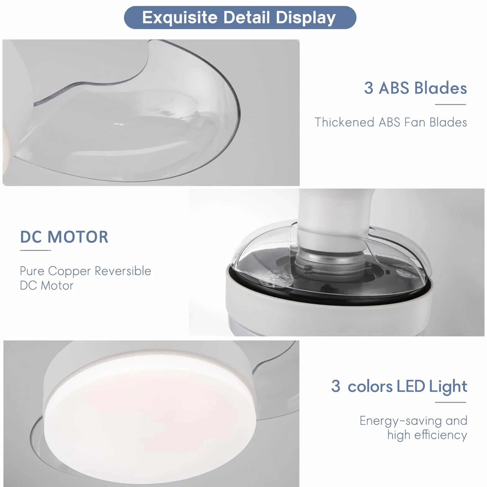 Ventilador Techo Aspas Retráctiles Plegables, 52cm LED Regulable Mando, Motor DC Silencioso