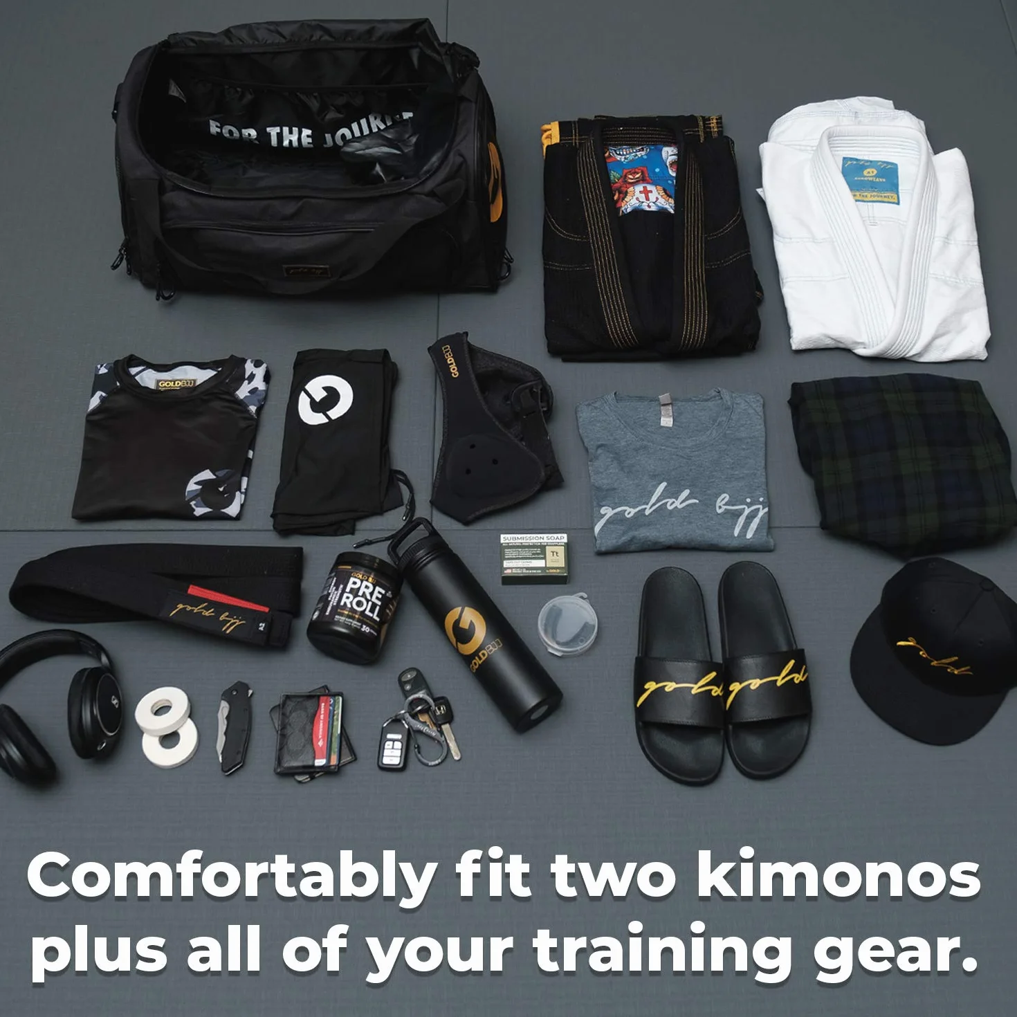 Gold BJJ Jiu Jitsu Duffle Bag - Waterproof Pocket for Sweaty Gi, Rashguard, or Shoes - The Duffel Bag for Martial Arts Gear, Boxing, MMA, and More