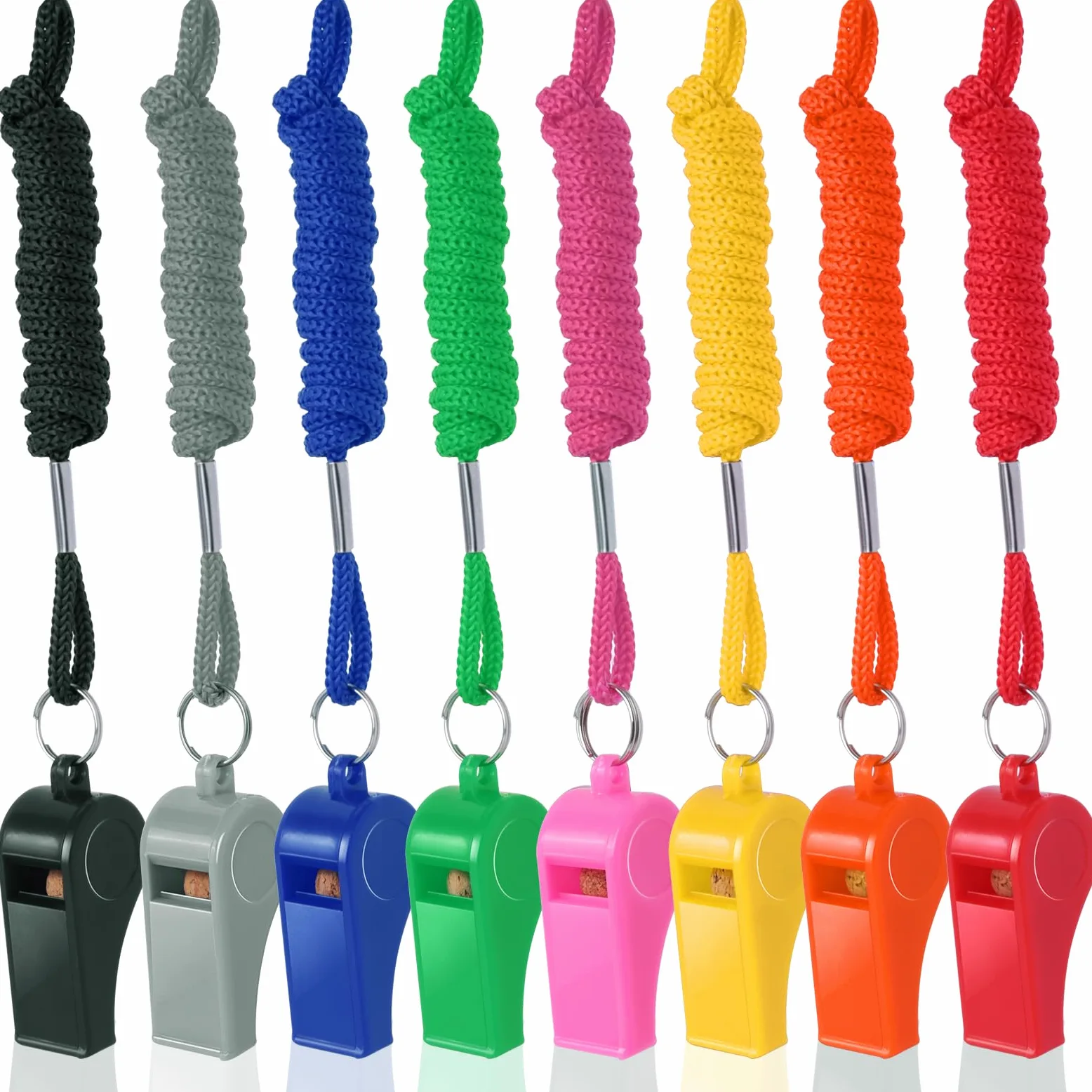 Paquete de 8 silbatos de plástico coloridos con cordones, silbatos deportivos fuertes de 120 dB para entrenadores, profesores, kits de emergencia y eventos