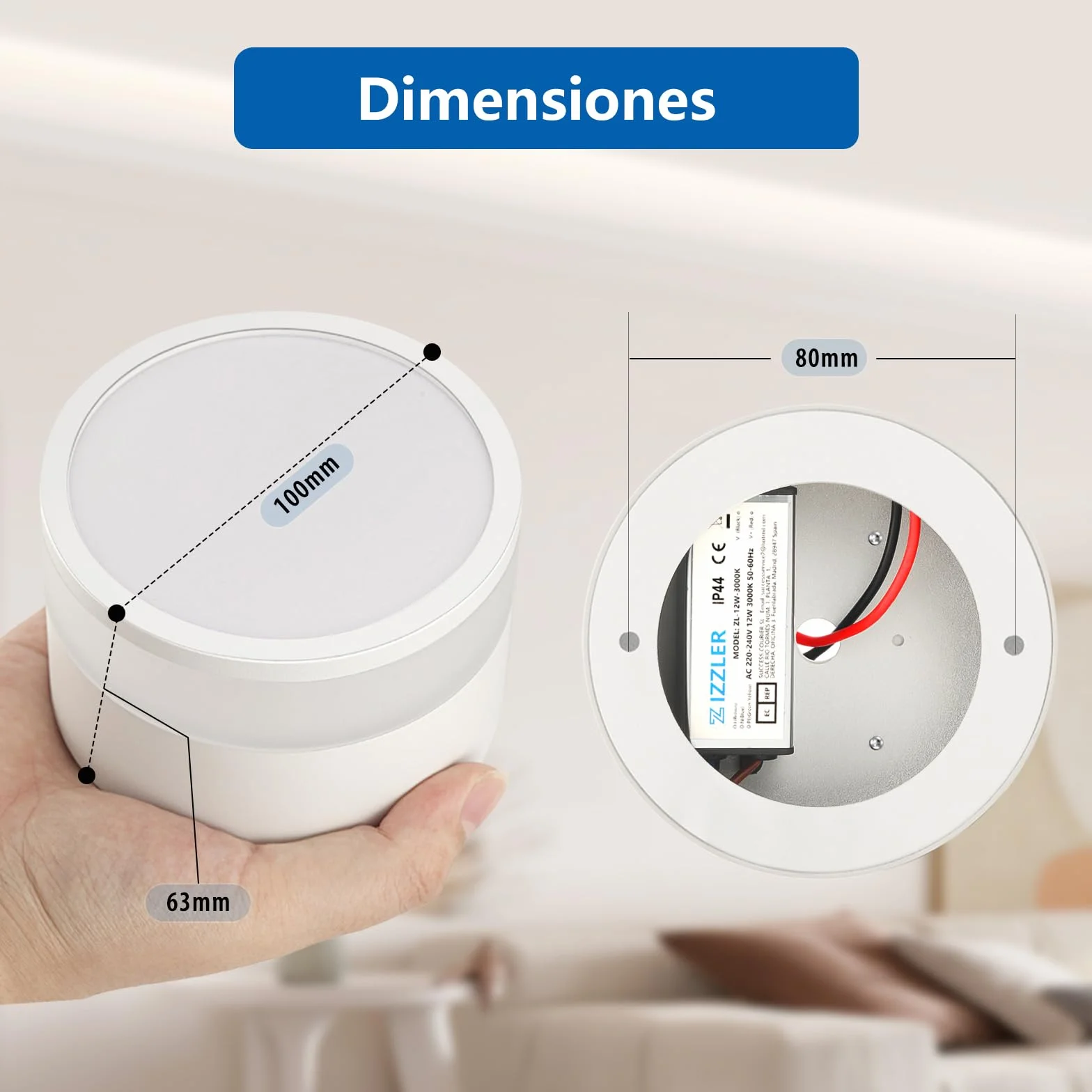 ZIZZLER Focos Blanco Superficie Aplique Techo LED Cilíndrico IP44 12W 10cm