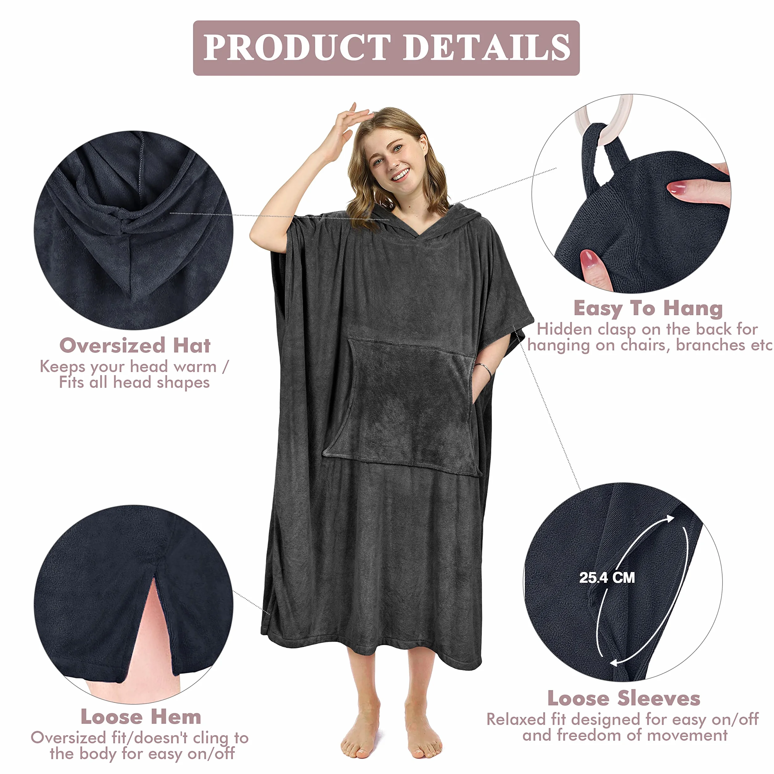 Kato Tirrinia Beach Surf Poncho con bolsillo Absorbente de agua Traje de neopreno Cambiador Sudadera con capucha Toalla Poncho Albornoz para surf Natación Baño Adulto Hombres Mujeres A prueba de arena