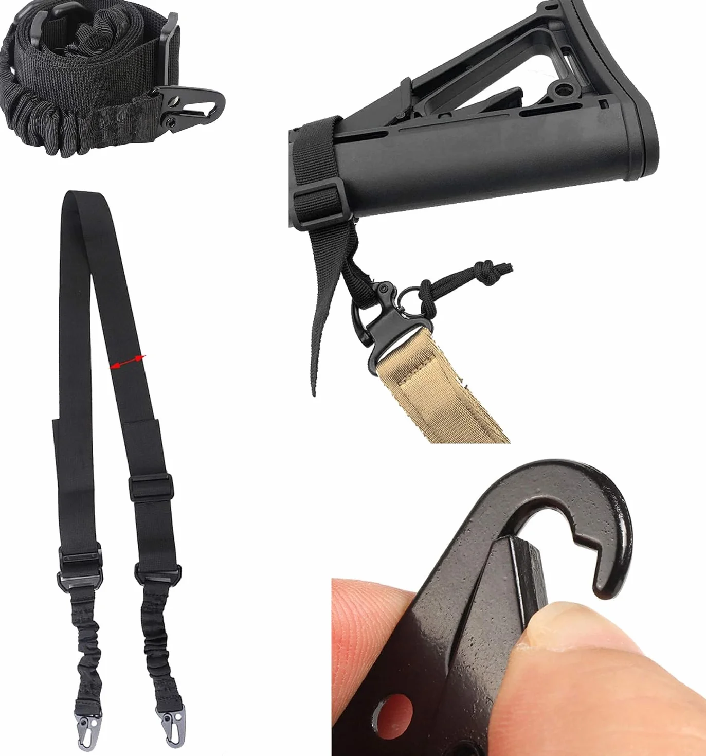 Correa Ajustable Negra Airsoft para Rifle + Enganche Táctico Point Sling 2 Puntos Multiusos Armas Cuerda Paintball Cinta de Sujeción Paracord Sistema Elastico Caza y Deportes Aire Libre