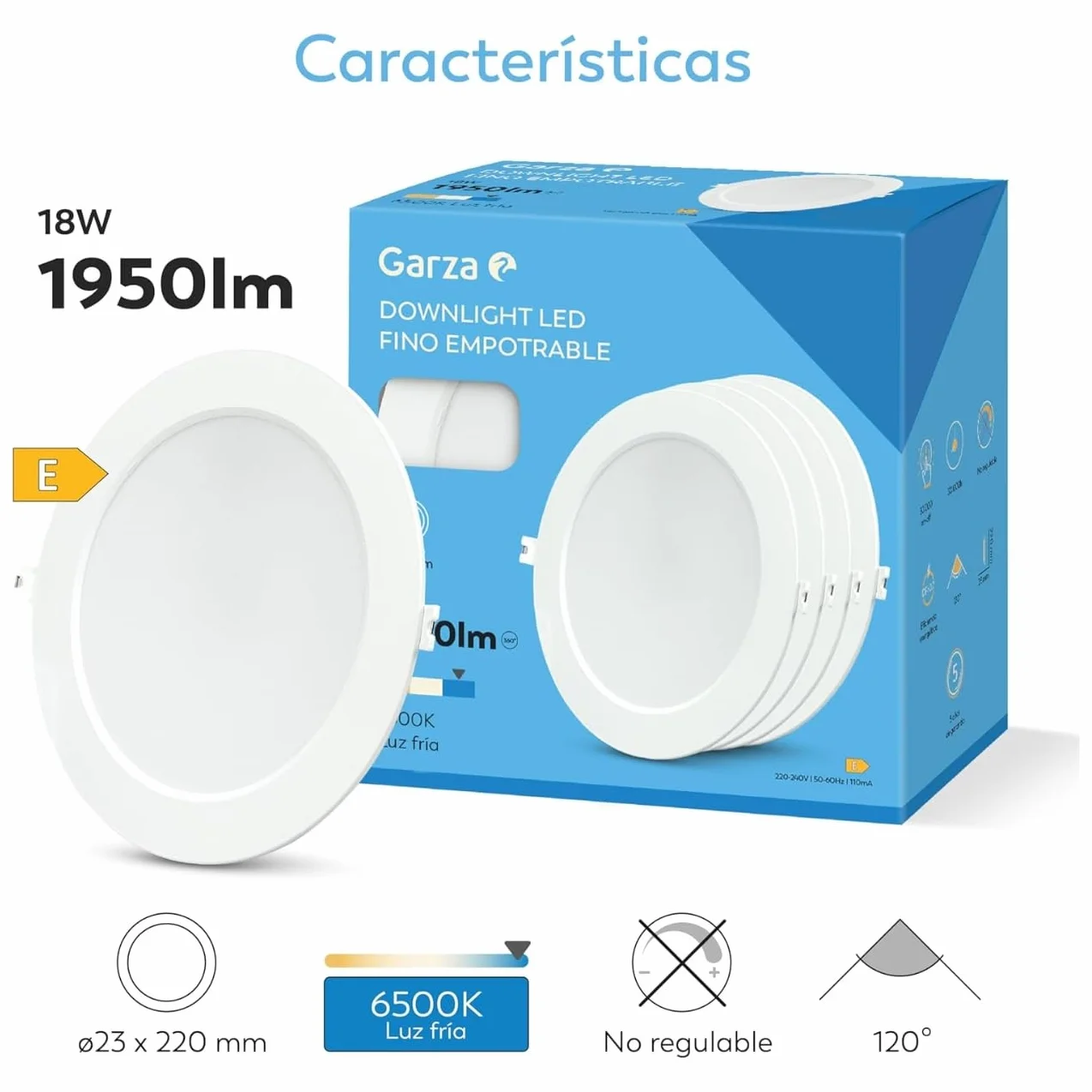 Garza Downlight LED empotrable 18W 6500K Luz Fría Ø220x29mm 120º Lampara de techo plana blanco