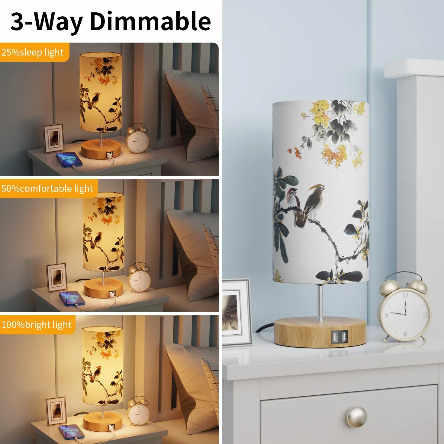 Lámpara de Mesilla de Noche con Puertos de Carga USB, Control Táctil, 3 Modos de Brillo, 2 Piezas