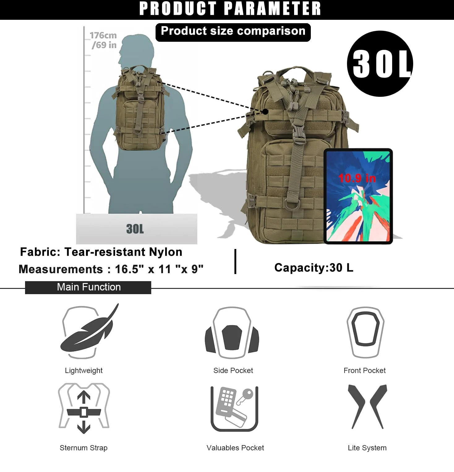 Miramrax Mochila táctica pequeña militar – Mochila de 30 L para hombre, mochila de asalto Molle, bolsa de insectos para senderismo y camping