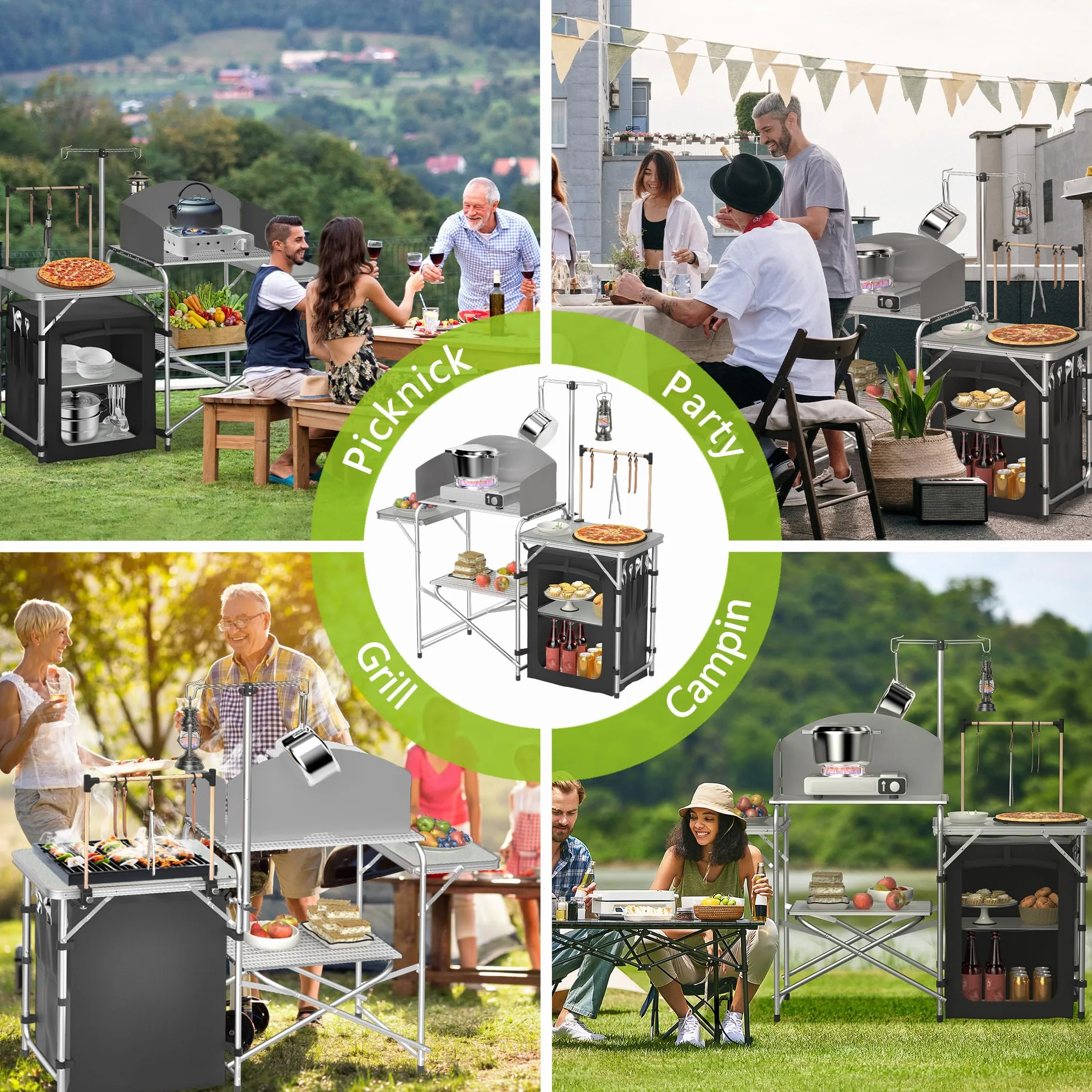 FIVMEN Cocina de camping plegable para camping, armario de aluminio con 3 encimeras, armario, soporte para luz y 4 ganchos, armario de cocina para exteriores