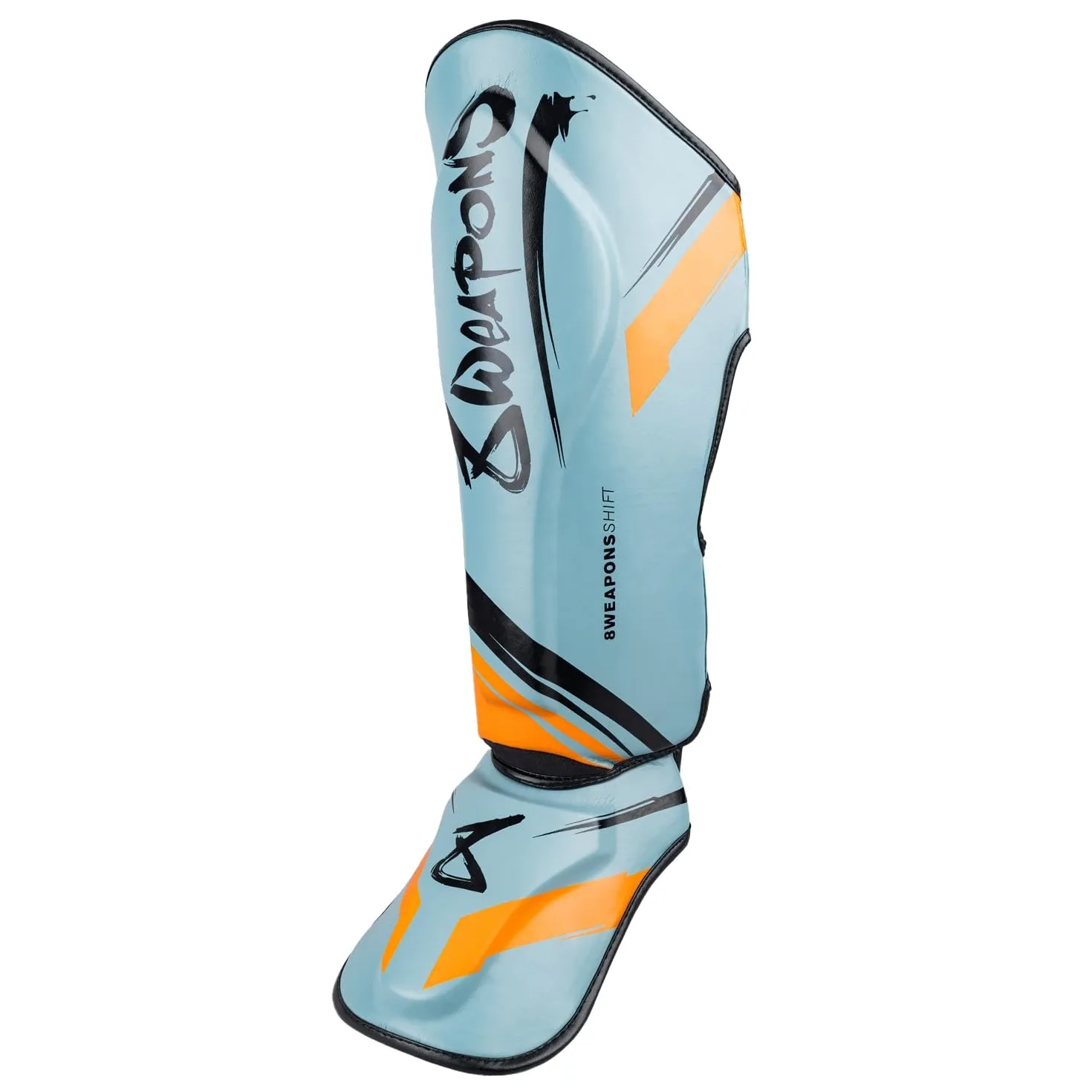 8 WEAPONS Espinilleras Shift, color gris hielo naranja, entrenamiento y competición, piel sintética de alta calidad y amortiguación perfecta, Muay Thai, K1, MMA, karate y kickboxing