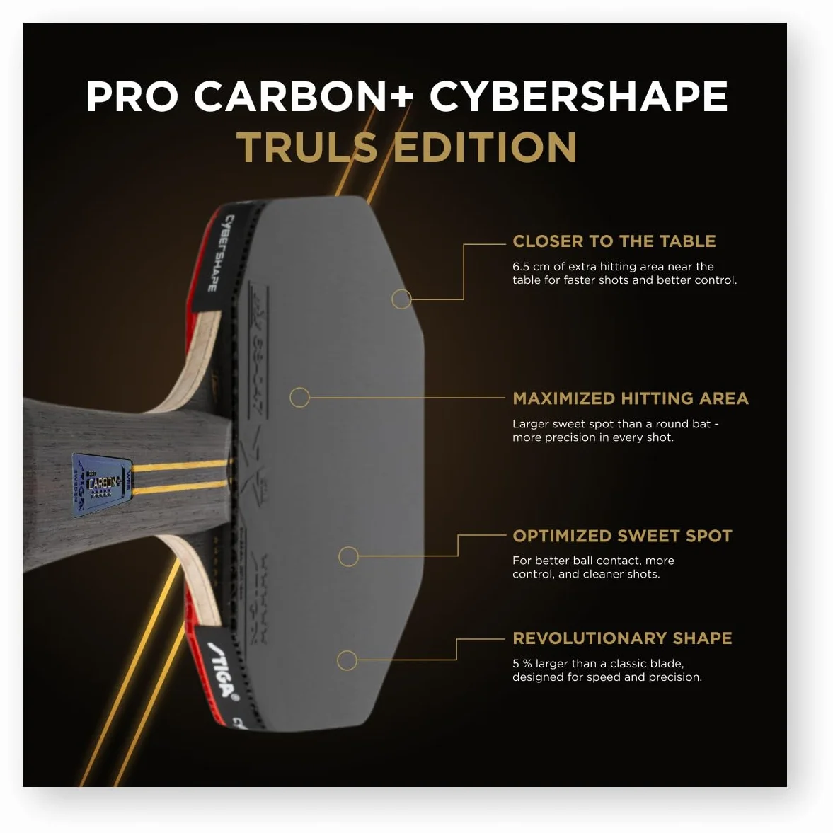 STIGA Pro Carbon Plus Cybershape Truls Edition Pala de Tenis de Mesa, 5 Estrellas; Sweet Spot Optimizado más Grande, Touch Carbon Technology, Goma STAR5 Aprobada por la ITTF, para Jugadores Ofensivos